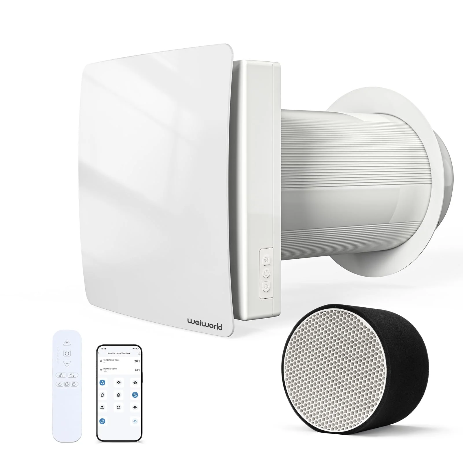 Weiworld VT501 Dezentrale Wohnraumlüftung mit Wärmerückgewinnung, 150 mm Wandlüfter mit Keramik-Wärmetauscher, WLAN & Fernbedienung, EC-Motor, Zuluft/Abluft, für Schlafzimmer, Keller, Garage