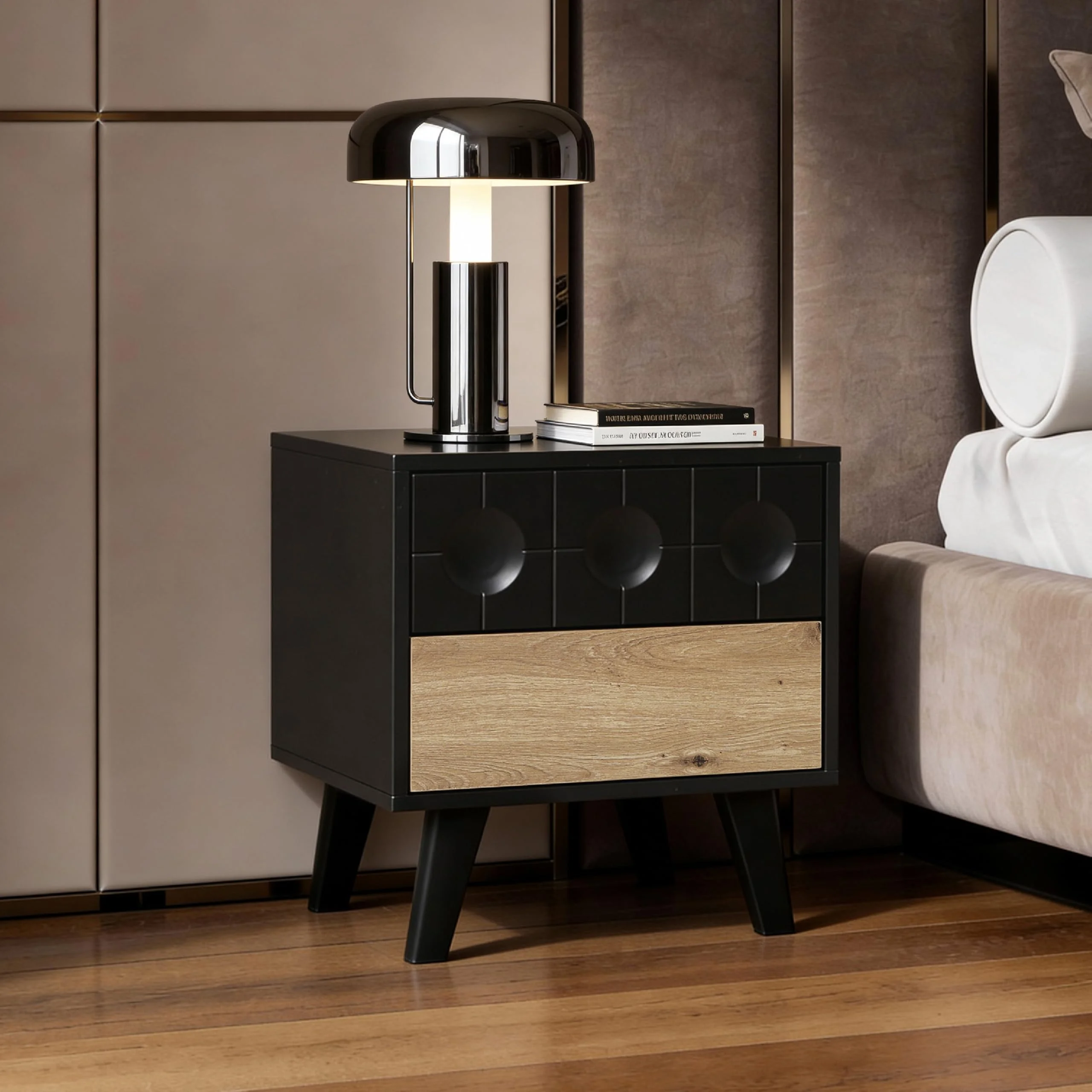 Hometopia Nachttisch Holz mit 2 Schubladen, Moderner Nachtschrank & Bedside Table in Schwarz mit geometrischer Front, Beistelltisch für Schlafzimmer, 45 × 40 × 48 cm