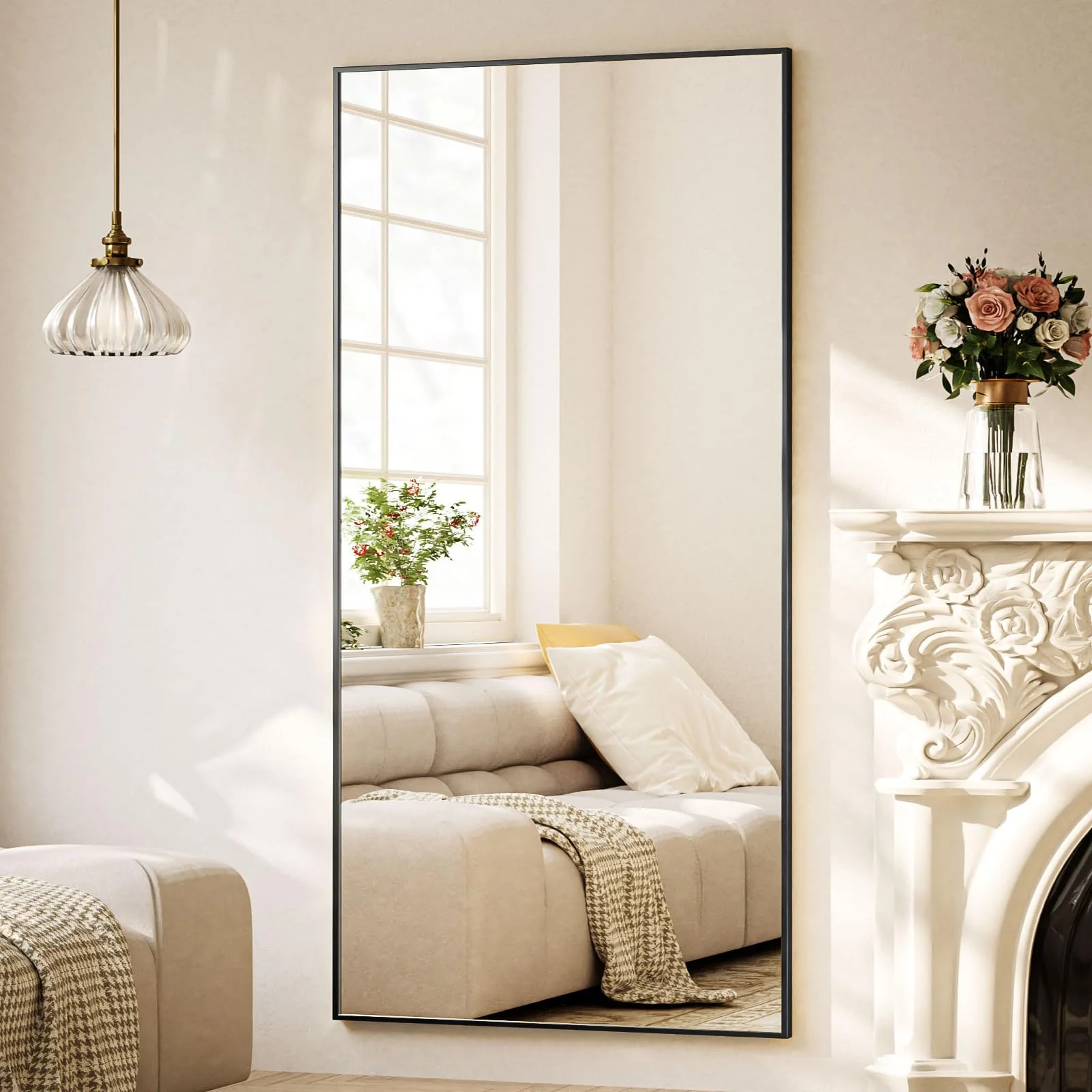 BEAUTYPEAK 171x76cm Ganzkörperspiegel, Groß Standspiegel und Wandspiegel mit Aluminiumrahmen, Shatterproof Glas für Verzerrungsfreie Reflexion, ideal für Schlafzimmern, Eingangstür, Fluren, Schwarz