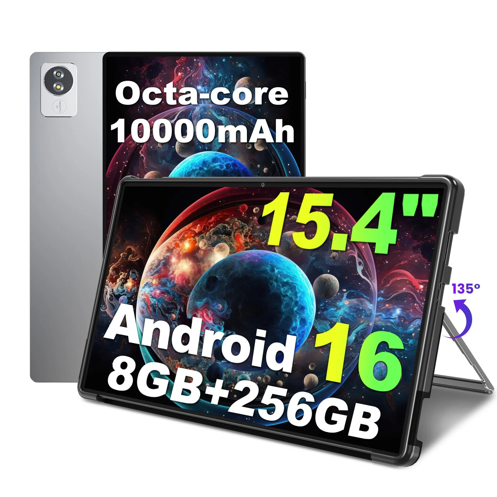 jumper 15,4 Zoll Android 16 Tablet, mit Helio G99 Octa Core Prozessor(bis zu 2,2 GHz), Gaming Tablets mit Ständer & Hülle, 8GB RAM 256GB ROM, Widevine L1, 10000mAh, BT5.2, GMS, für Studenten Office