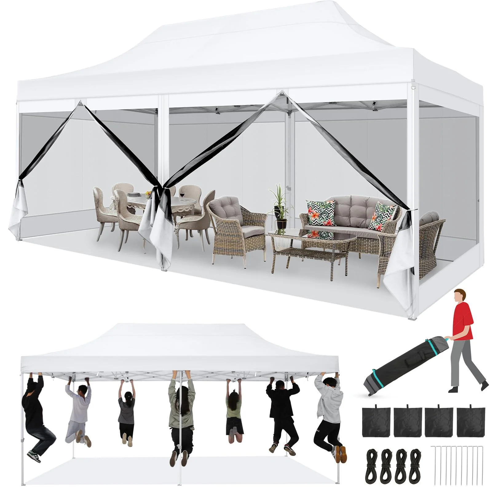 COBIZI Faltpavillon 3x6 Wasserdicht Stabil, Partyzelt Faltbar mit 6 Seitenwänden Pop Up Gartenpavillon Anti-UV für Hochzeiten Gartenpartys Festivals, 420D Oxford, Tragetasche mit Rollen, Weiß