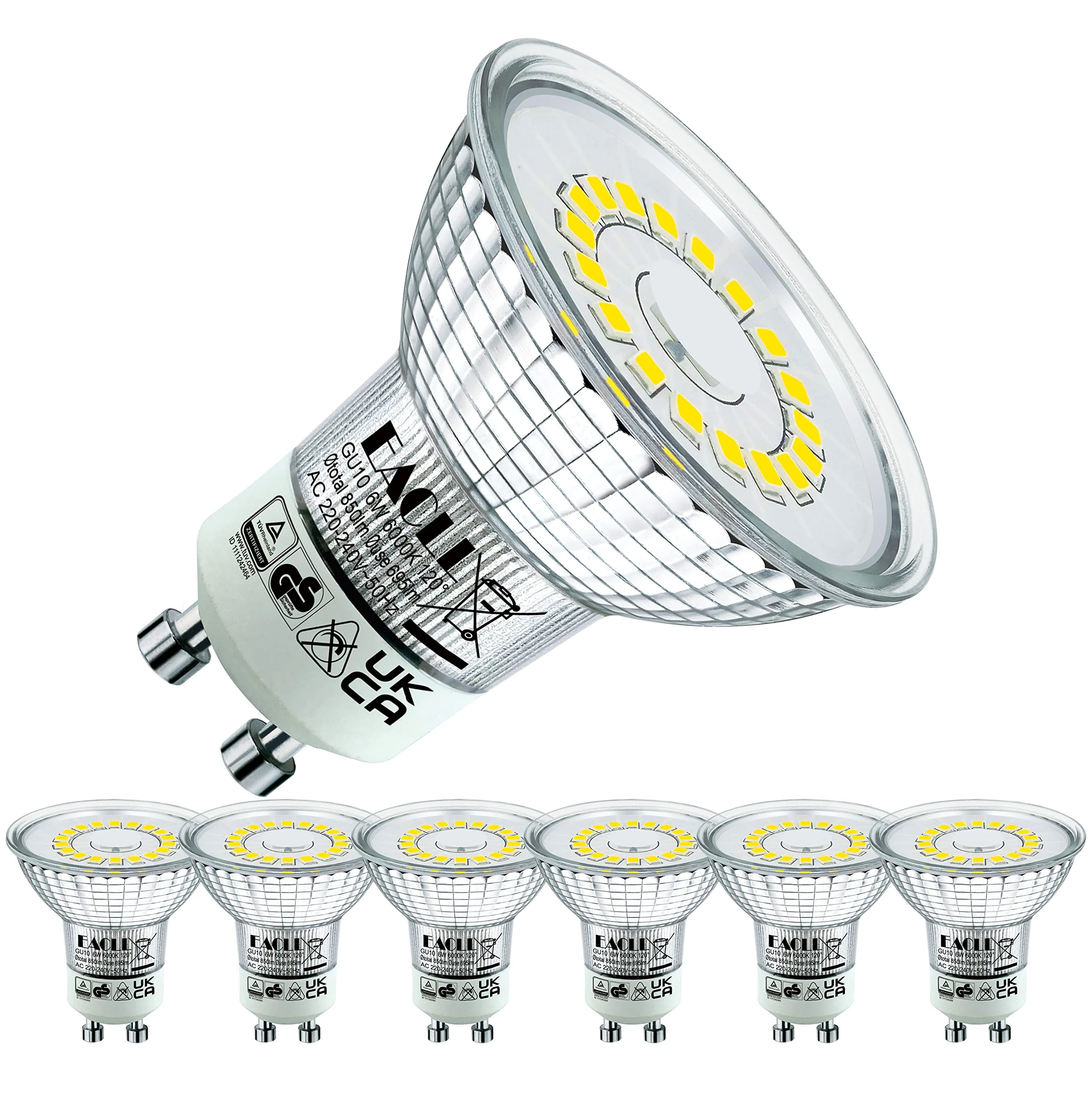 EACLL GU10 LED Kaltweiss 6W Ersetzt 90W Halogen Leuchtmittel, 6er-Pack, Nicht Dimmbar Reflektorlampen, 695 Lumen 6000K Birnen, AC 230V Flimmerfrei Strahler, Abstrahlwinkel 120° Spot