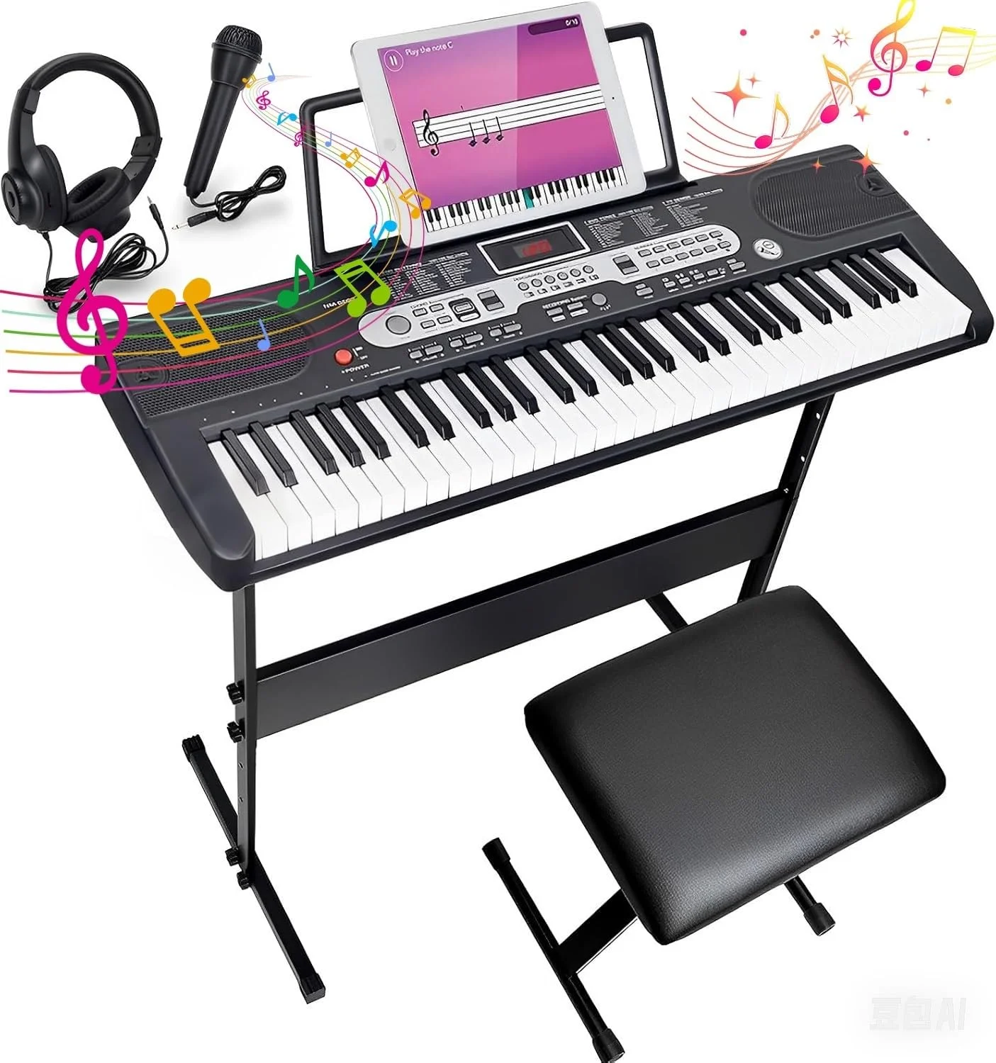 61 Tasten Keyboard Piano für Kinder & Anfänger, Klavier Set mit Ständer, Sitzbank, Kopfhörer, Mikrofon, Notenablage, Digital Piano Klavierunterricht Lern-Keyboard Geschenk, Schwarz