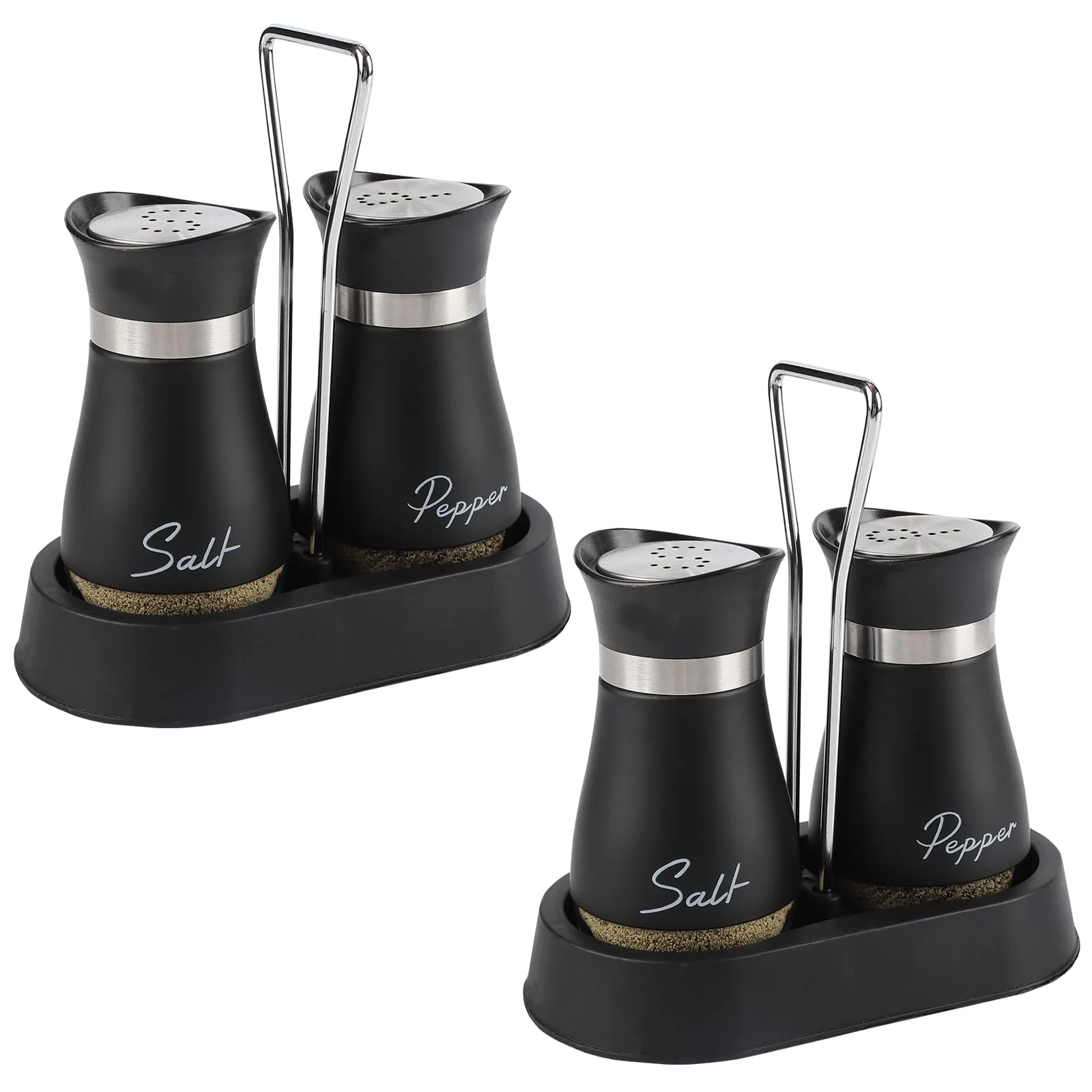 HZPZPP Salz- und Pfefferstreuer Set – 4 Stück Salzstreuer aus Glas mit Edelstahl-Deckel und Halter für Familie, Küche, Esstisch, Gäste und Grillen (Schwarz)