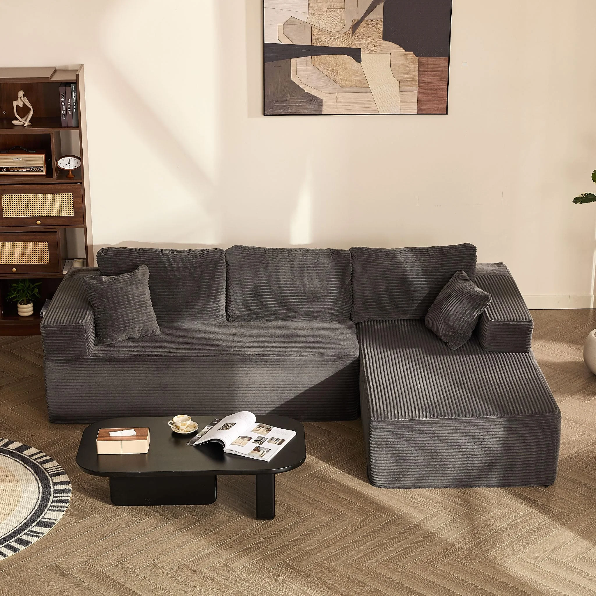 Litbird 272 cm Modulares Ecksofa mit L-Form und Schlaffunktion, vollgepolstertes Sofa mit Memory-Schaum und Cordstoff, Schlafsofa für Wohnzimmer (Grau, Recamiere rechts (Facing)) | Tiefe Sitzfläche, keine Montage, gerippter Samt, hochdichter Schaumstoff, stabile Unterstützung, optimaler Komfort