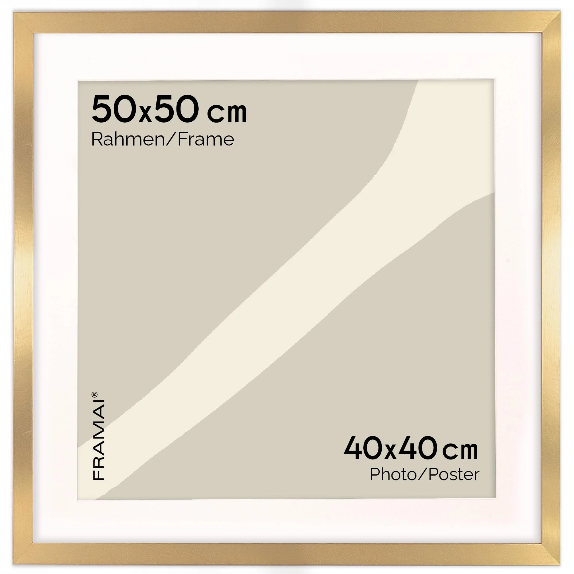FRAMAI® Bilderrahmen 50x50 cm in Gold – mit Passepartout – MDF Holzrahmen, bruchsicheres Plexi, umweltfreundlich, mit Aufhängung & Ständer – Hochformat & Querformat