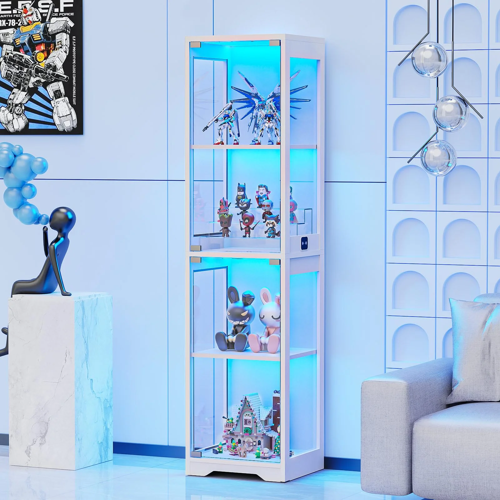 BROTTAR Glasvitrine mit 3-Farbiger LED-Beleuchtung & Körpersensor - Sammlervitrine für Sammlerstücke, Bücher & Figuren - Für Wohnzimmer, Büro oder Spielzimmer - Weiß (40x35x160 cm)