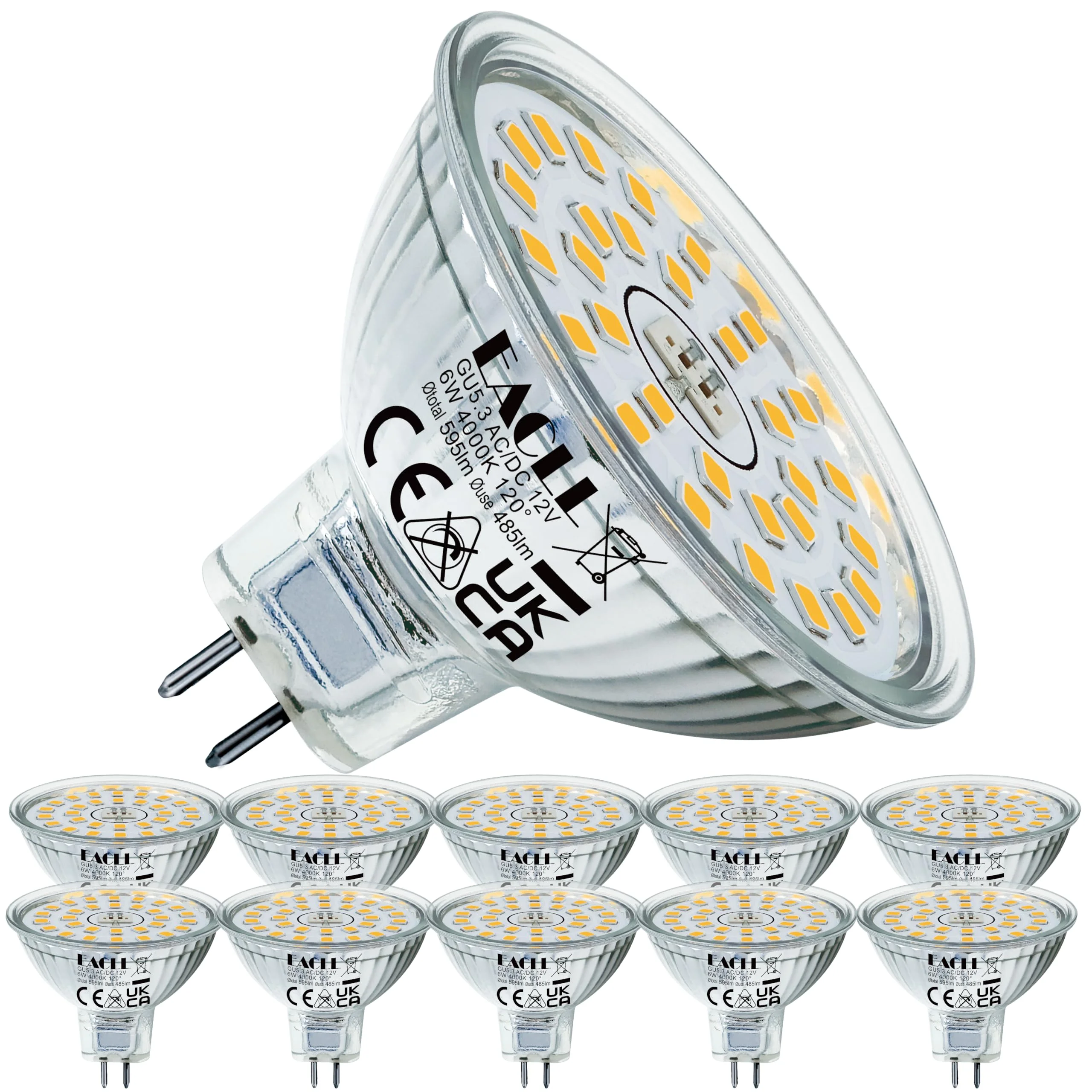EACLL GU5.3 LED 4000K 6W Ersetzt 50W Halogen MR16 Glühbirne, 10er-Pack. Neutralweiss 485 Lumen Leuchtmittel, AC/DC 12V Flimmerfrei Strahler, Abstrahlwinkel 120 Grad Spot, Nicht Dimmbar Reflektorlampen
