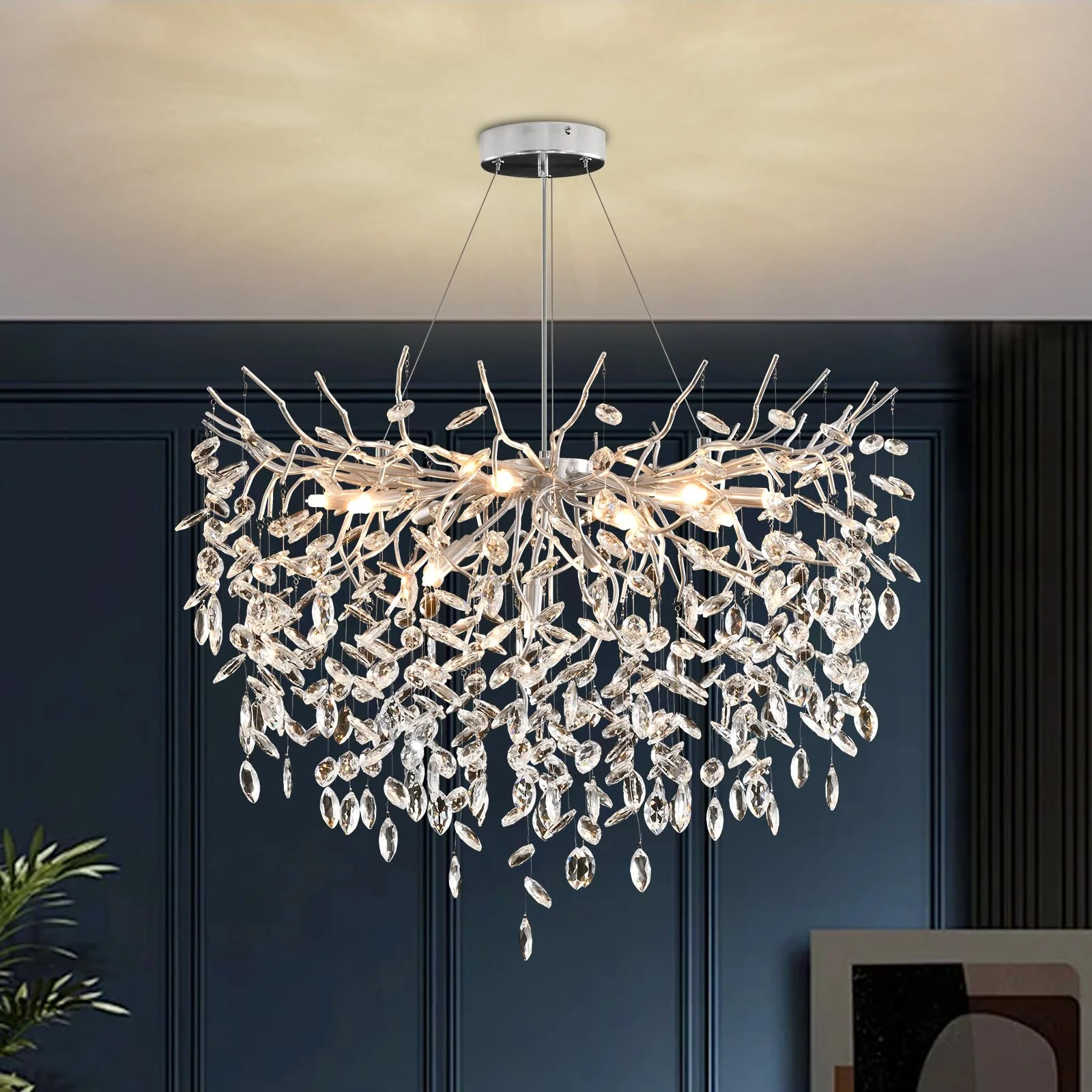 Modern Kronleuchter Kristall Silber, Große Luxus Raindrop Pendelleuchte, Rund Kristall Hängeleuchte Light Fixture, Luxury Tree Branch Kronleuchter für Kücheninsel, Esszimmer, 80cm