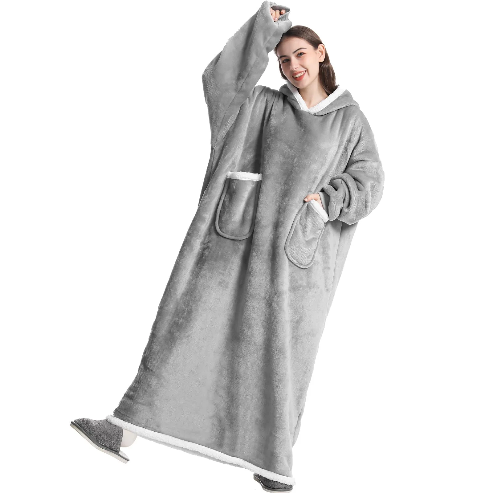 Emwwat Extra Lange Hoodie Decke, Übergroße Sherpa Hoodie Decke für Damen und Herren, tragbare Decke Hoodie mit Ärmeln und Riesentasche