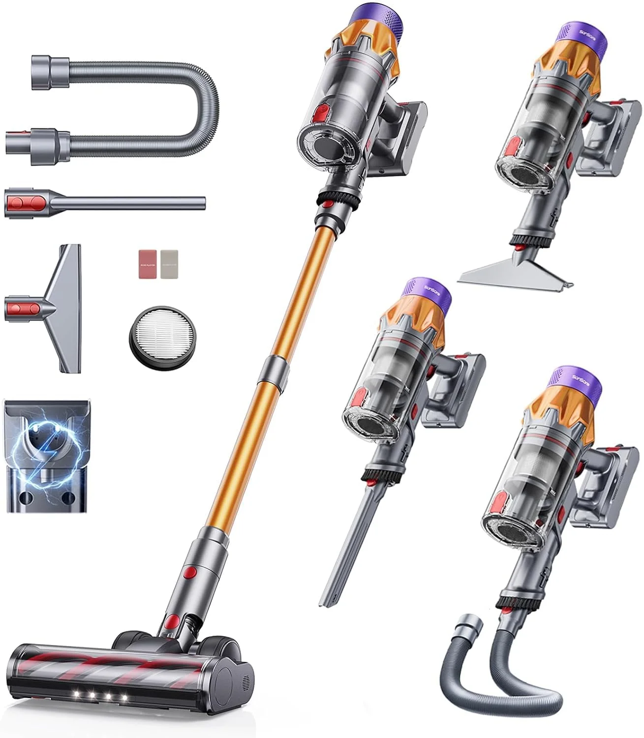 SunSare Akku Staubsauger Kabellos 600W/50000Pa/65Min, Akkustaubsauger mit 1M Schlauch, Wandladehalterung, Aromafunktion, Selbststehend, für Hartböden Teppiche Tierhaare