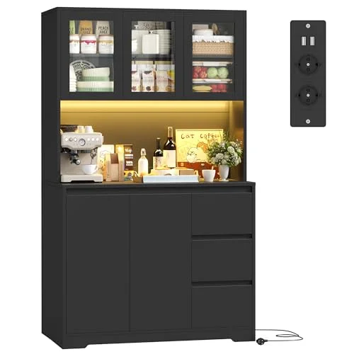 FirFurd Küchenschrank Buffetschrank mit LED Sideboard für Küche mit Steckdosenleiste Küchenschrank mit Arbeitsplatte und 3 Schubladen Küchenbuffet mit Verstellbares Regal 180x100x38.5 cm