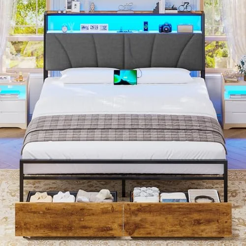 Brinlawb Bett 140x200 mit Stauraum, Lattenrost aus Metall, Bettgestell 140x200 cm mit LED & Ladestation (2 AC-Steckdosen & 2 USB-Anschlüsse), Jugendbett Doppelbett mit 2 Schubladen