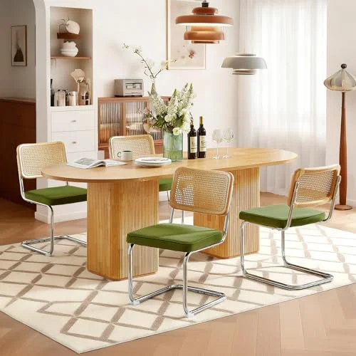 SoarTalent Esszimmerstühle Set aus 4 mit Rattan-Rücken und Samtbezug, Modernes Breuer-Design, Chromstahl-Gestell, Armlehnen-frei für Esszimmer, Kücheninsel (Beige)