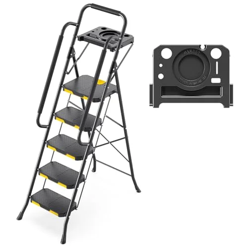 KINGRACK Trittleiter Klappbar mit Handläufe, Breitem Pedal, Schwarz