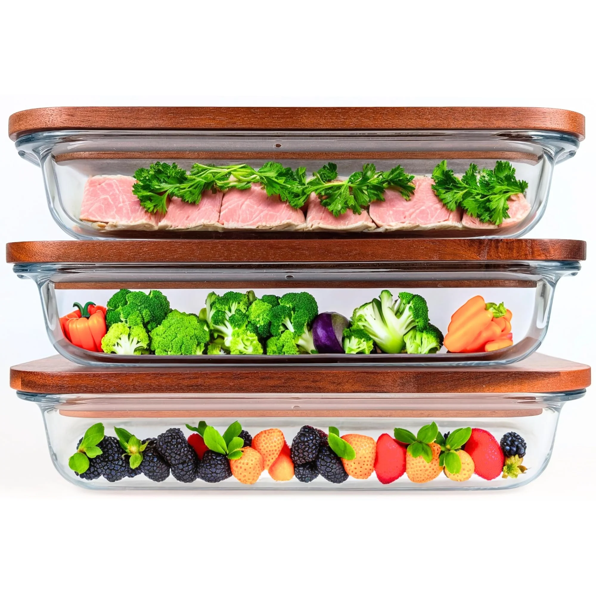GUTHE Lifestyle 3er Set Aufschnittboxen für Kühlschrank glas, stapelbare Frischhaltedosen mit Akaziendeckel, Auflaufform Set, Wurst und Käse Aufbewahrung