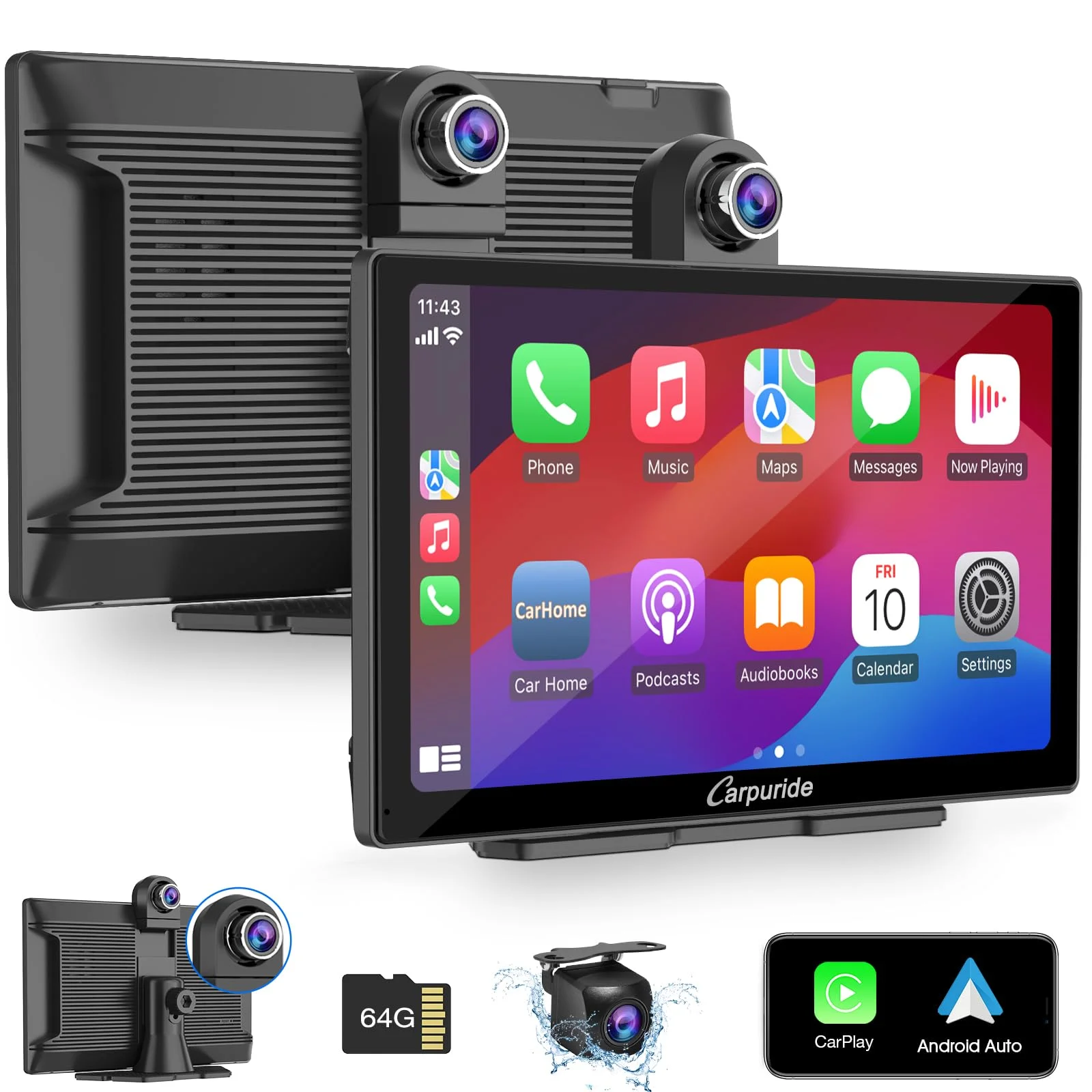 Carpuride W905 Kabelloses Carplay & Android Bildschirm mit Dashcam, Tragbarem 9 Zoll HD Touchscreen, 4K Front & Rückfahrkamera, Loop Aufnahme, Bluetooth, Mirror Link, GPS, Siri, FM, 64G TF Karte.