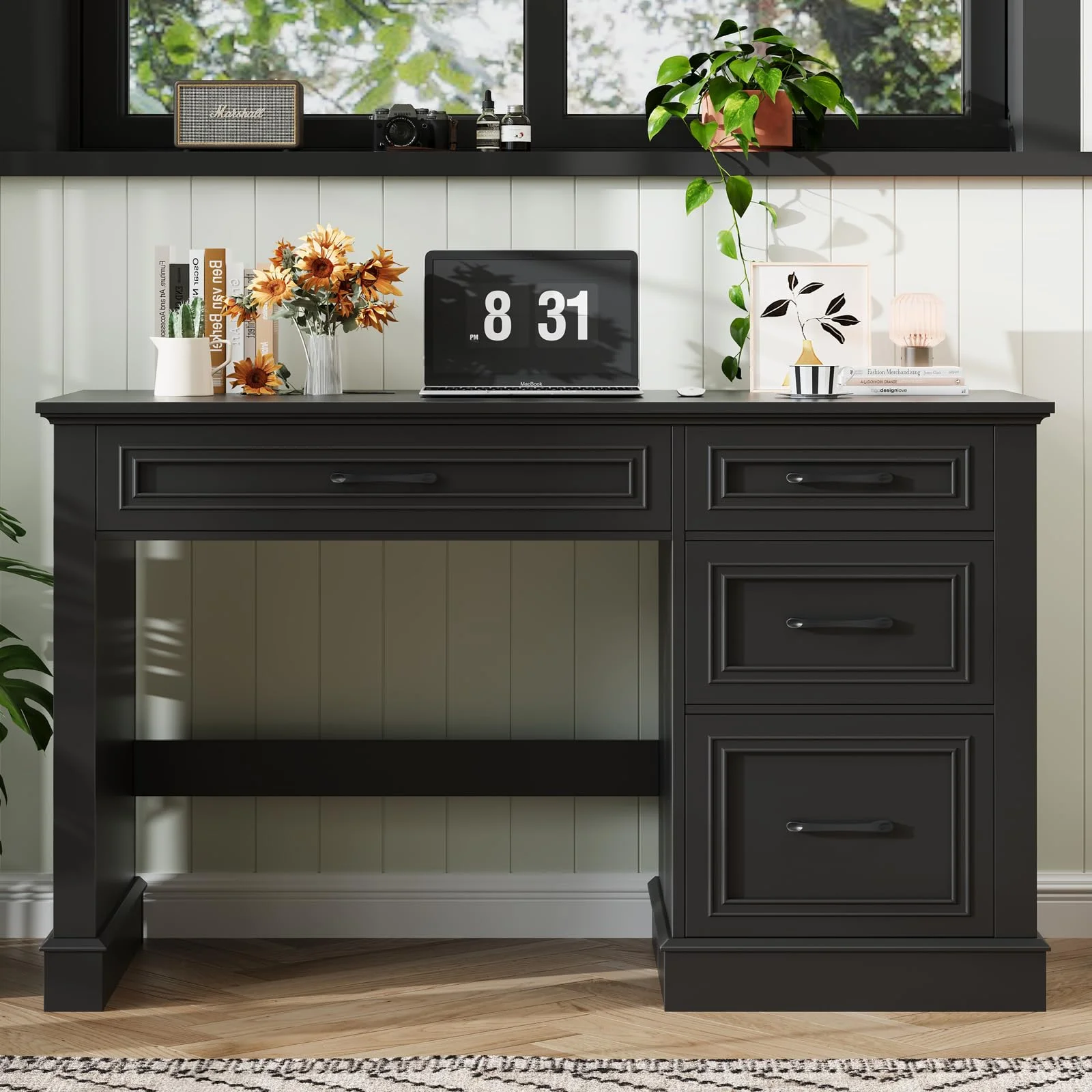 BonVache Schreibtisch mit Schubladen 120 cm, Landhausstil Computertisch mit Stauraum, Rustikaler Bürotisch aus Holz für Homeoffice, Schlafzimmer und Arbeitszimmer, Schwarz