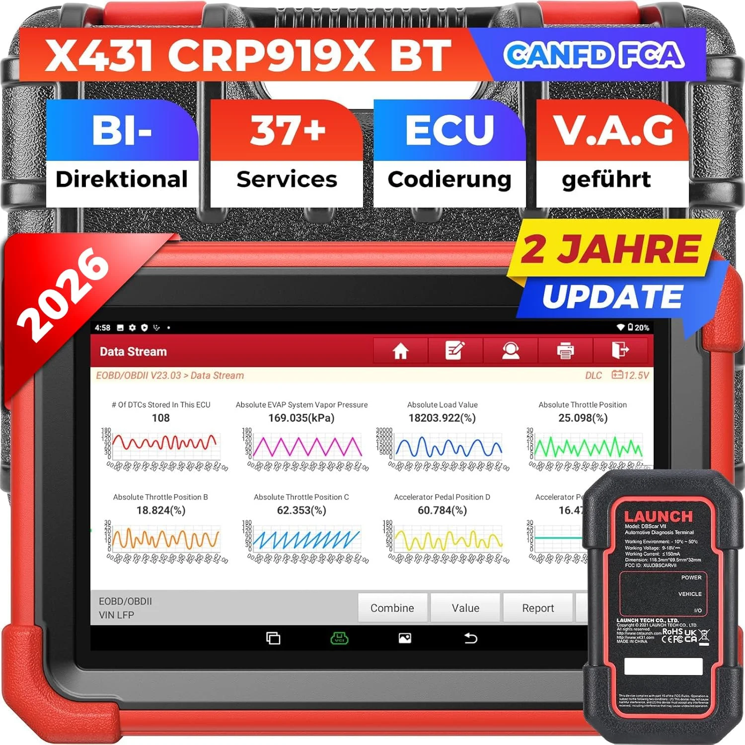 Launch X431 CRP919XBT Elite OBD2-Diagnosegerät, 2026 Drahtlos bidirektionale Scan-Tool, ECU-Codierung, 45+ Dienst, alle System-Diagnosescanner, FCA AutoAuth, V.A.G Guided, CANFD DoIP, 2 Jahre Update