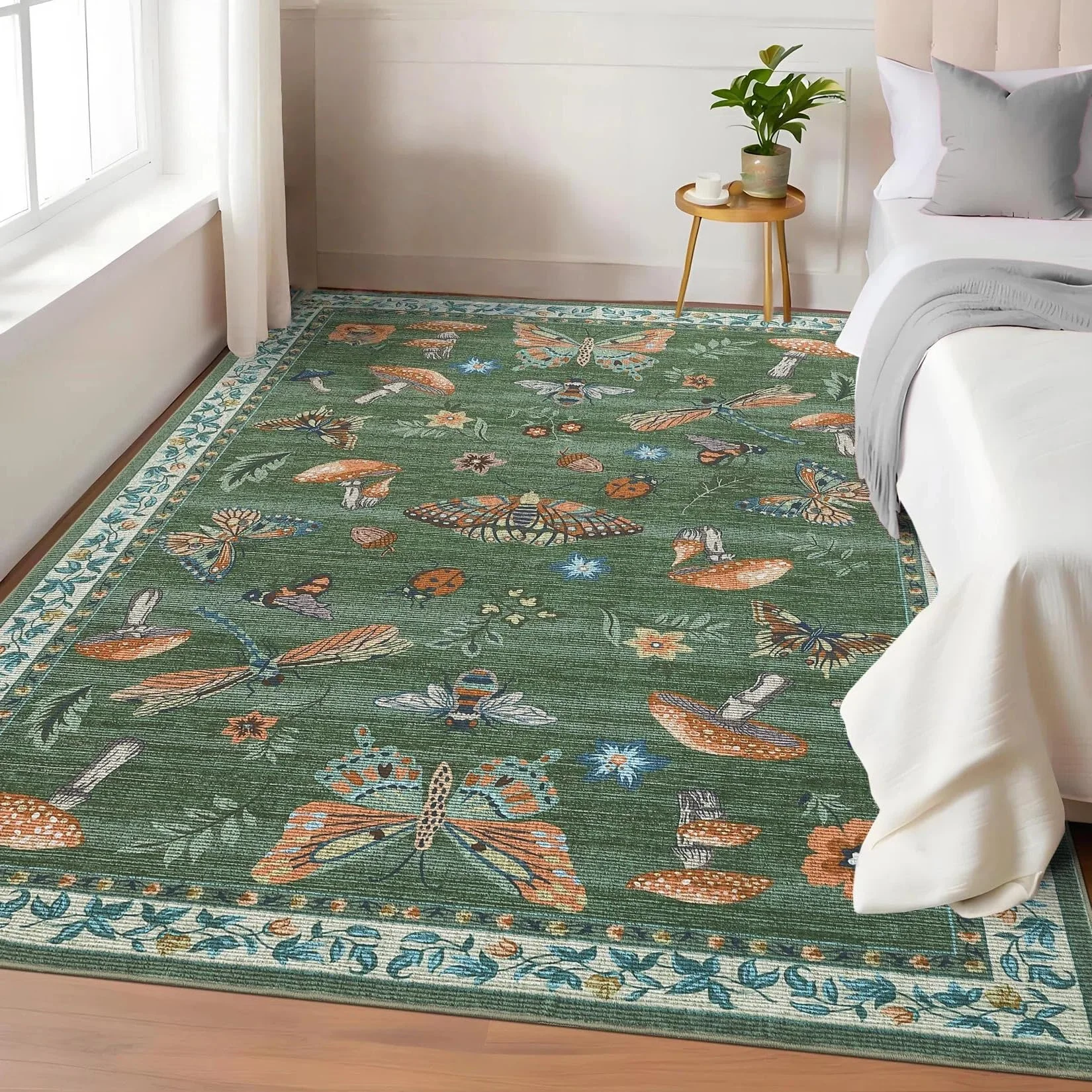 CAROMIO Waschbarer Teppich 120x170 cm, Libellen- & Schmetterlings-Design, Rutschfester Kurzflor-Teppich, Weicher Bodenbelag für Wohnzimmer Kinderzimmer, Grasgrün