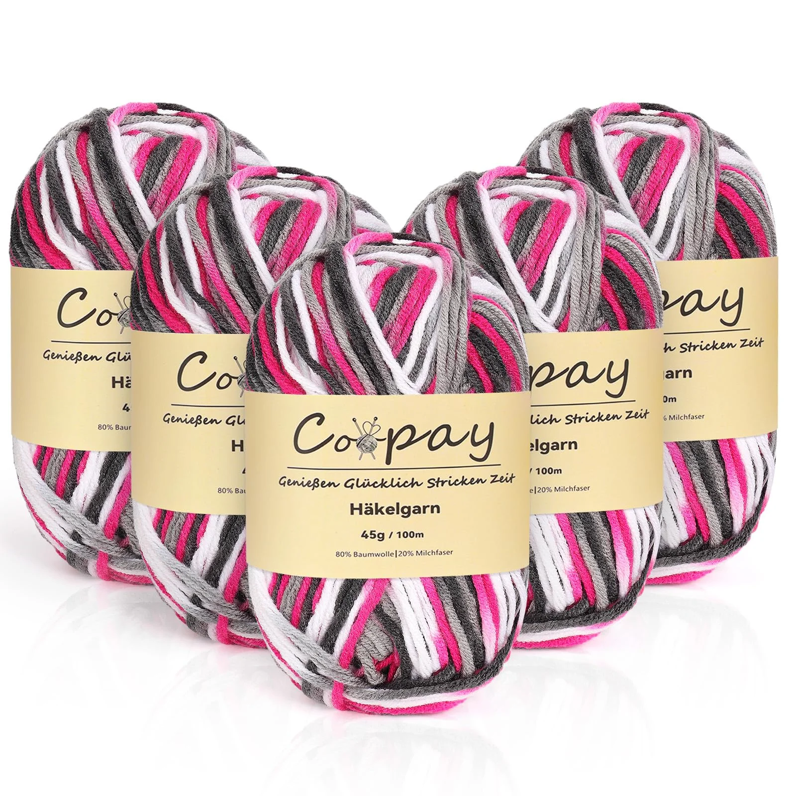 Coopay Wolle zum Häkeln, 5 x 45g Farbverlauf Häkelgarn, 5-Fädig Wolle zum Stricken, Weicher Häkelgarn Mehrfarbig, Bunt Garn zum Stricken Häkeln, Schönes Acrylgarn für Anfänger,Schwarz Weiß Rosa