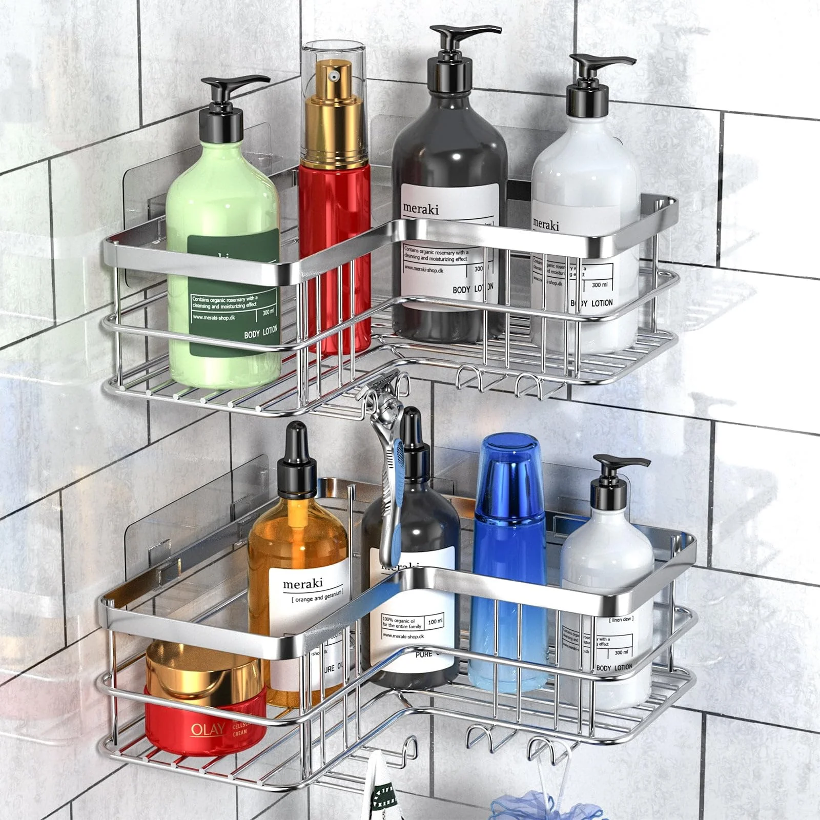 Yazoni Duschablage Ohne Bohren Ecke - 2 Stücke Shampoo Halterung für Dusche, Regale für Wände Badezimmer mit 8 Haken, Große Kapazitäten Rostfreier Duschkorb Silber
