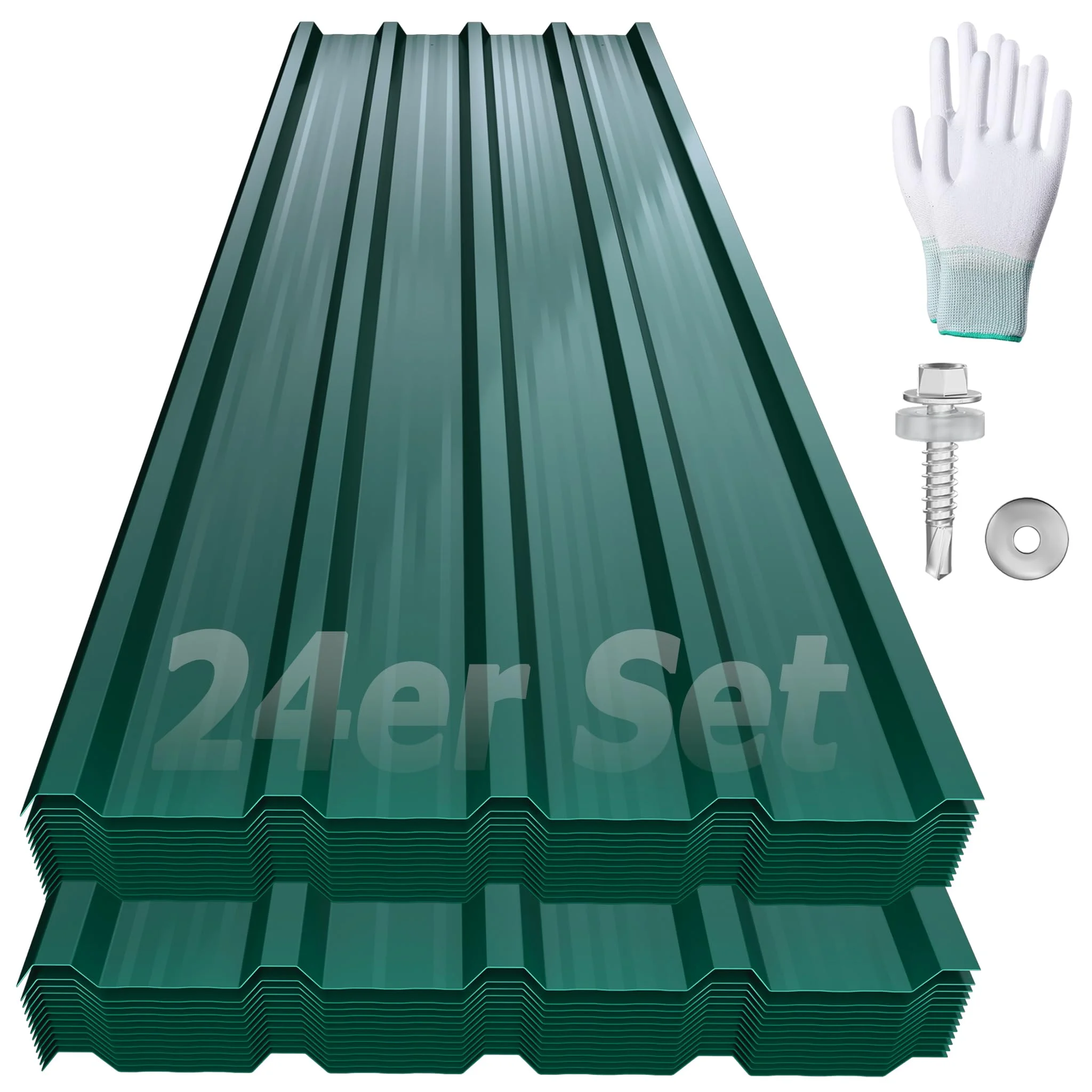 YRHome 24er Dachbleche Trapezblech 129,5x45cm Stahlblech Formblech Platten Dachplatten Wetterfest Wellblechplatten Verzinkter Stahl für Garagen Dach inkl. Schrauben und Handschuhe - Typ A Grün