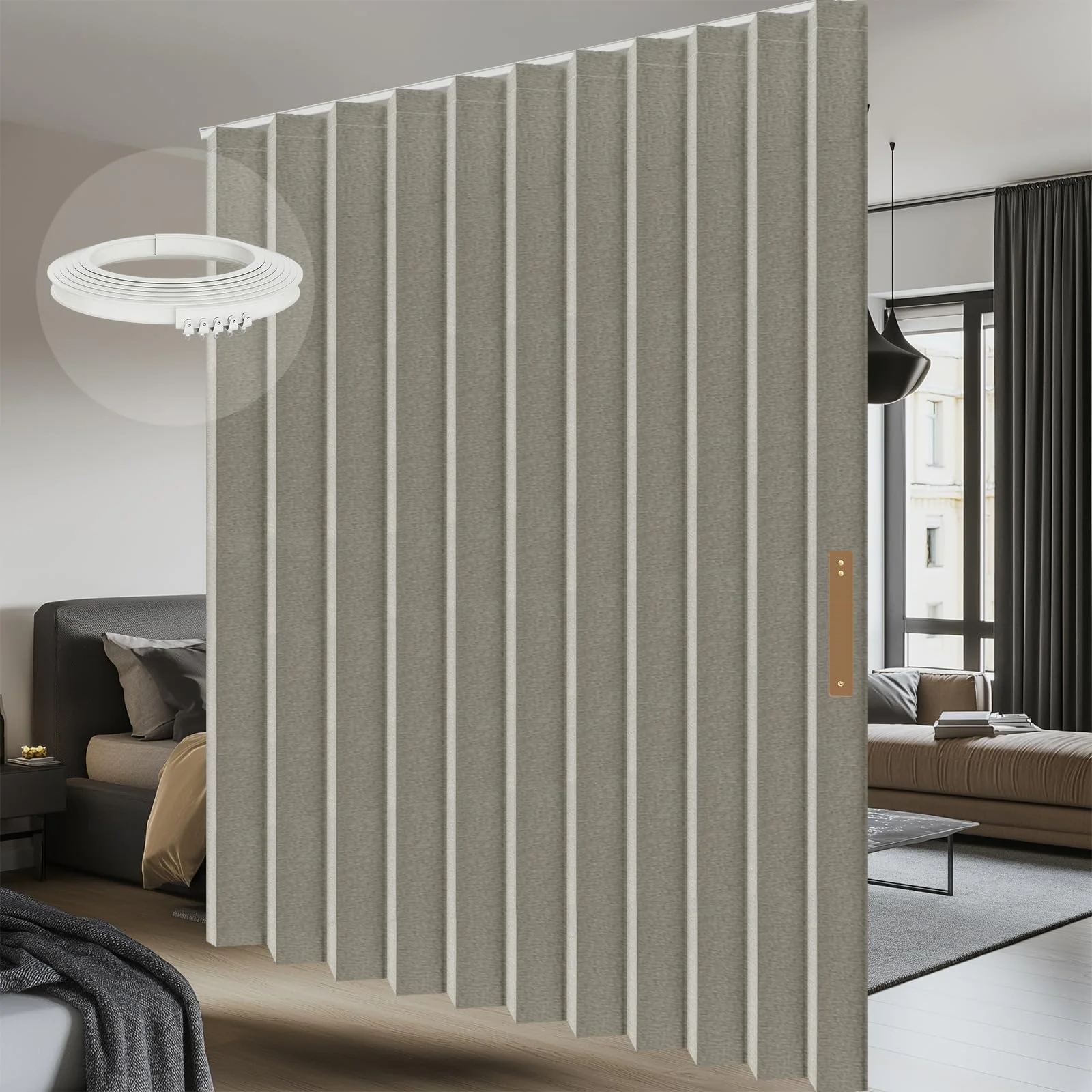 AJAZZ Blickdichter Vorhang als Falttür & Raumtrenner, Flexibler Paravent mit Biegsamer Schiene, Sichtschutz für Schlafzimmer, Balkon & Home Office, Grau, H213 x B254 cm (1er Pack)