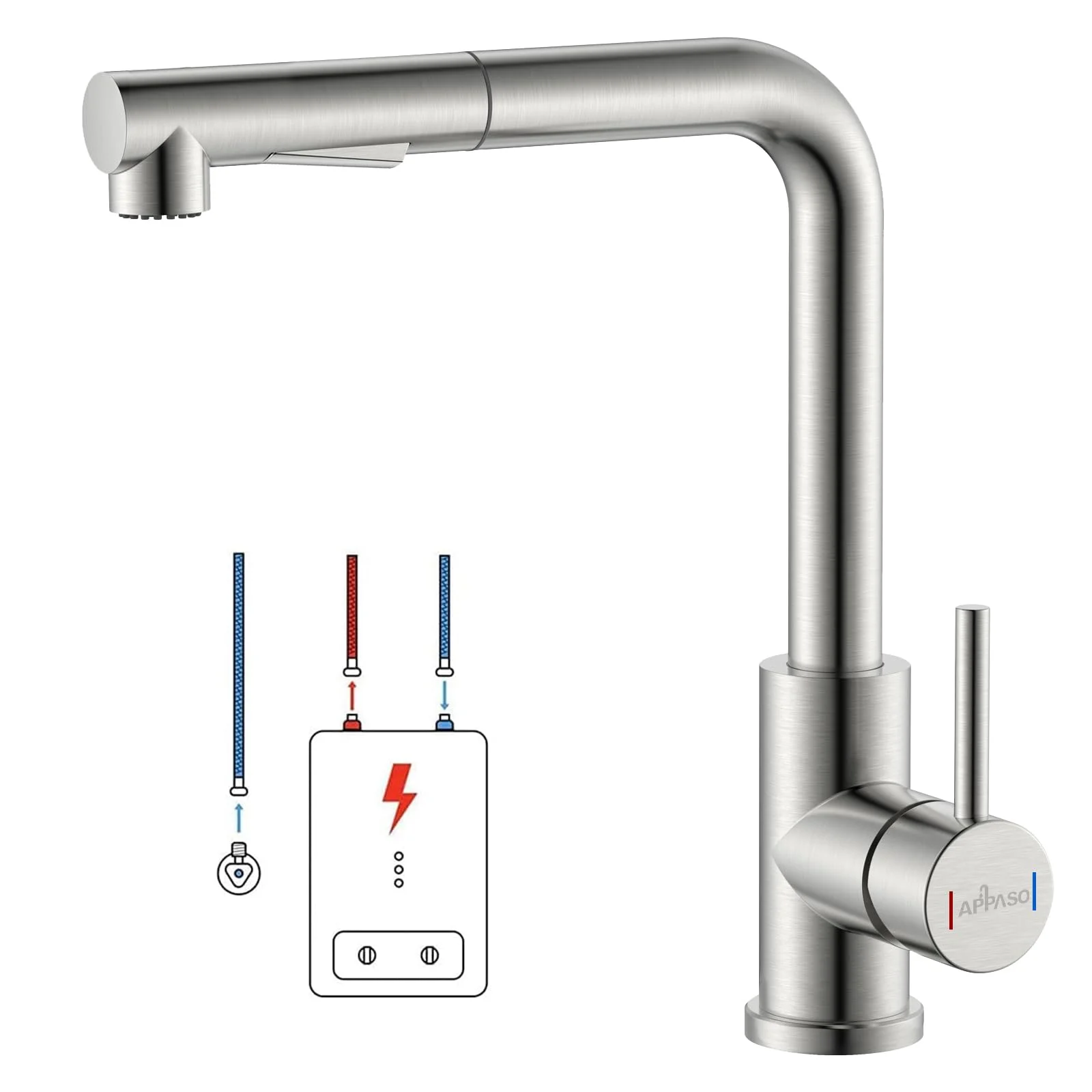 APPASO Niederdruck Armatur Küche Ausziehbar, Niederdruck Küchenarmatur mit Brause, Wasserhahn Küche Niederdruck 3 Anschlüssen, Spültischarmatur mit 2 Strahlarten für Boiler