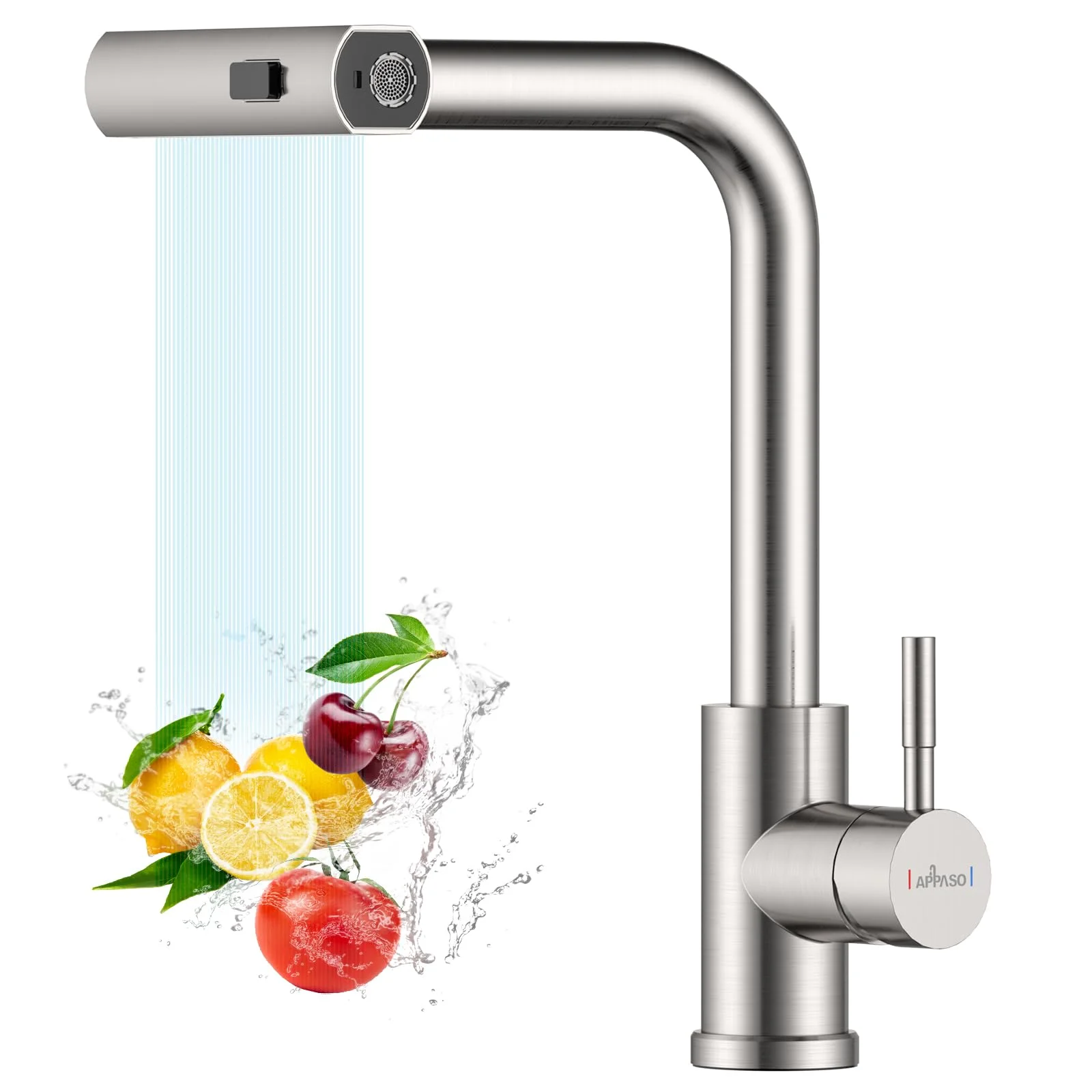 APPASO Waterfall Wasserhahn Küche Ausziehbar, Waterfall Hochdruck Küchenarmatur mit Bruase 360° Drehbar, Spültischarmatur mit 3 Strahlarte, Armatur Küche Wasserfall Edelstahl Gebürstet