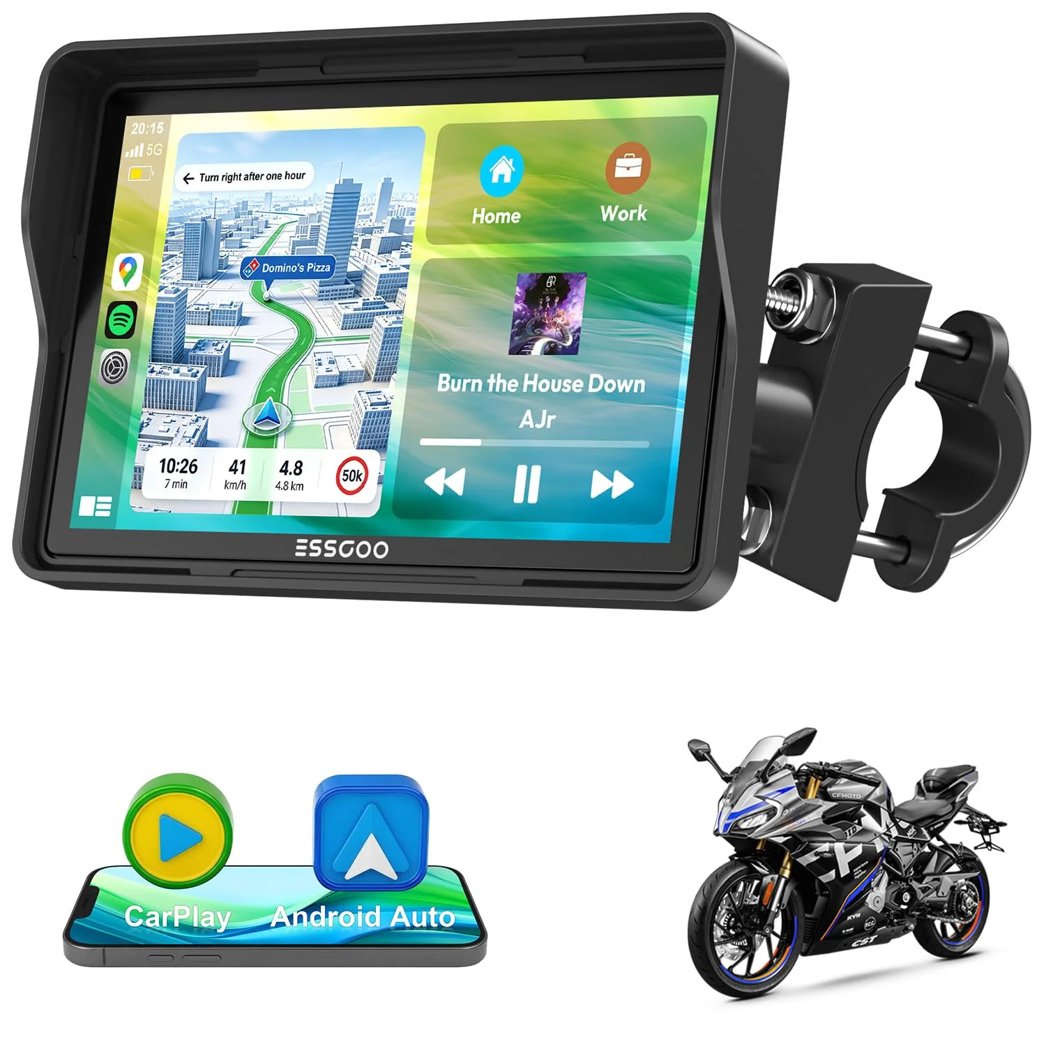 ESSGOO 5 Zoll Motorrad Carplay Display,Kabelloses Motorrad Navigationsgerät mit Apple CarPlay & Android Auto,IP67 Wasserdicht,Dual Bluetooth 5.3,GPS Navigation,Sprachassistent,Acc Stromversorgung