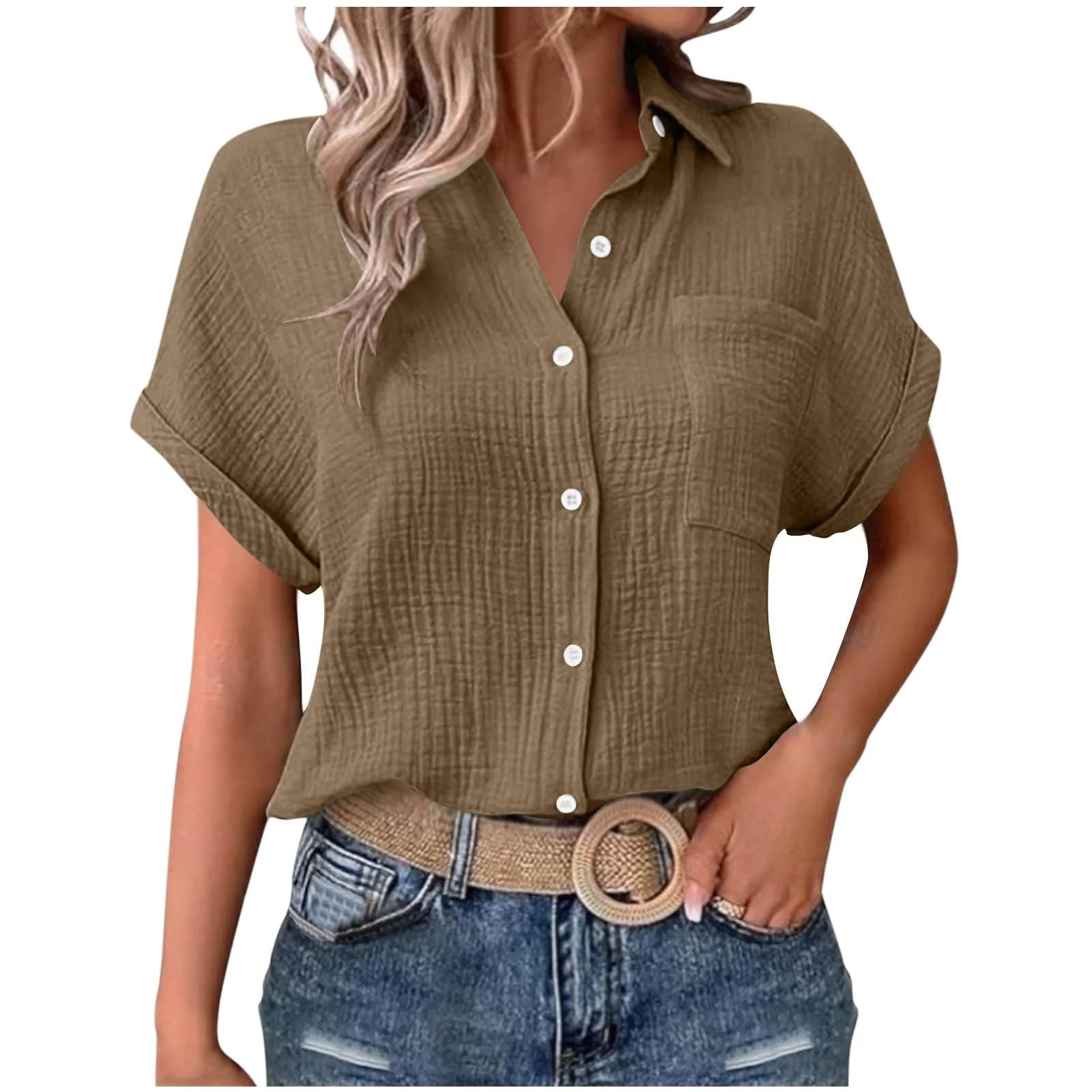 AEGJEGVD Musselin Damen Blusen Elegant Shirt Kurze Ärmel Bluse Mit Kragen Knopfleiste Formelle Arbeitskleidung Lässige Hemden Leinenbluse Flowy Locker Blusen Atmungsaktive Sonnenschutz Oberteil