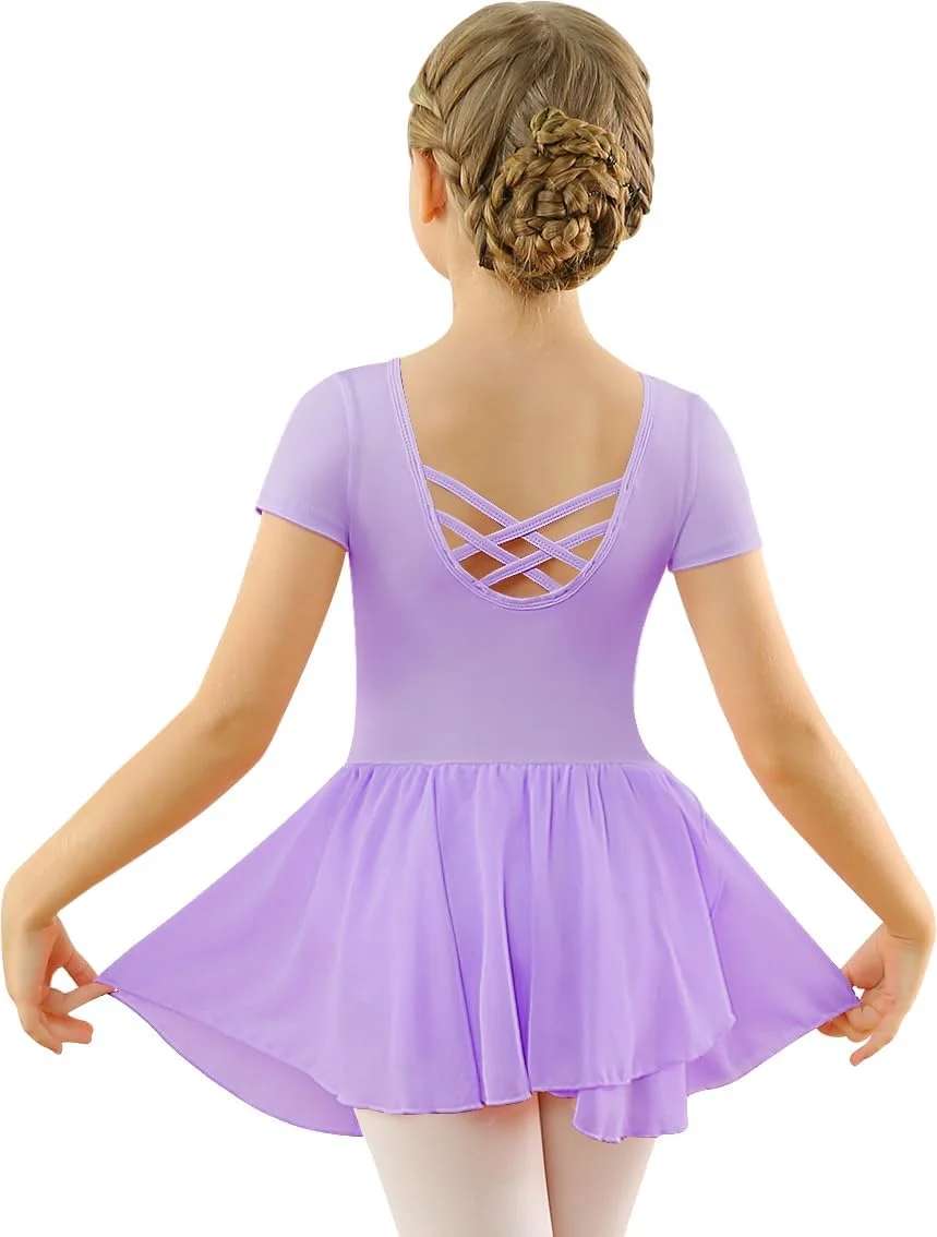 Mulnall Ballettkleid Mädchen Ballett Kleid Kurzarm Langarm Criss Cross Baumwolle Balletttrikot Gymnastik Kinder Tanzbody mit Rock Tütü Kostüm Tanzbekleidung 2-12 Jahre