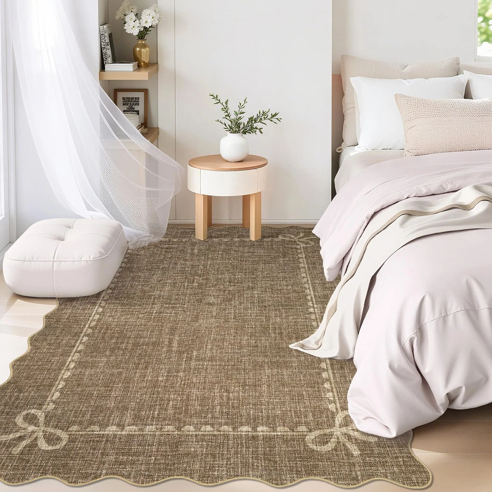 CAROMIO Teppich Wohnzimmer Waschbar 120x170 cm, Moderner Kurzflor Teppich mit Wellenrand & Schleifen, rutschfest & Extra Flach, Unifarben mit Textur, Geeignet für Schlafzimmer Esszimmer, Braun