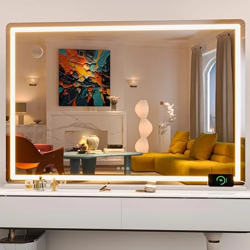 Hasipu Kosmetikspiegel mit Lichtern, LED-Schminkspiegel, beleuchteter Schminkspiegel mit dimmbaren 3 Modi, Kosmetikspiegel mit Touchscreen-Steuerung