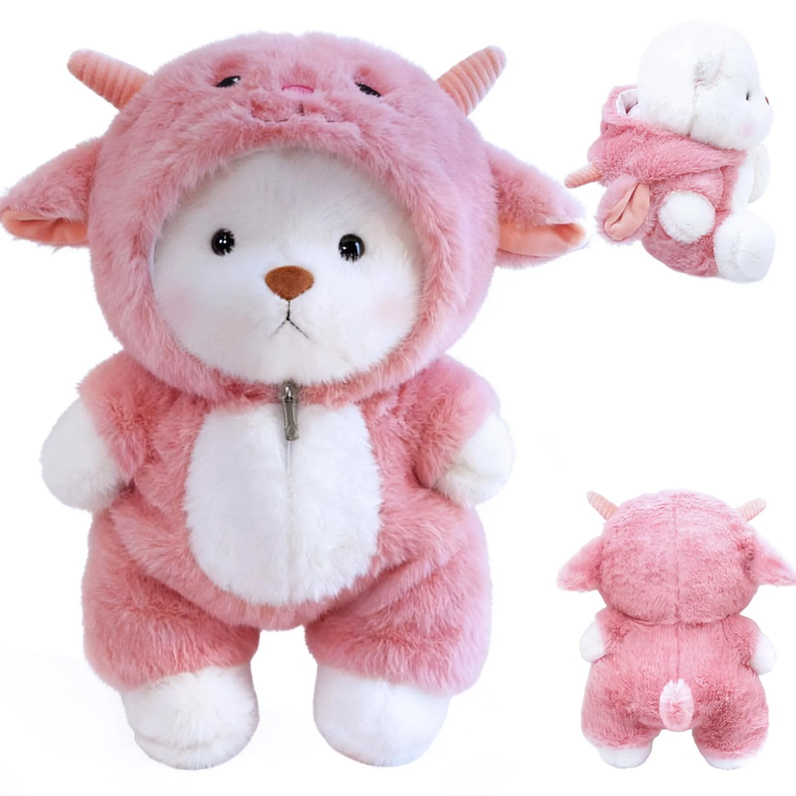 FOSER Plüschtier Teddybär mit Schaf Kostüm, 30 cm Teddy Bär Emotionale Unterstützung, Abnehmbarer Kittel, Schutzengel Rosa Glücksbärchi (Rosa)