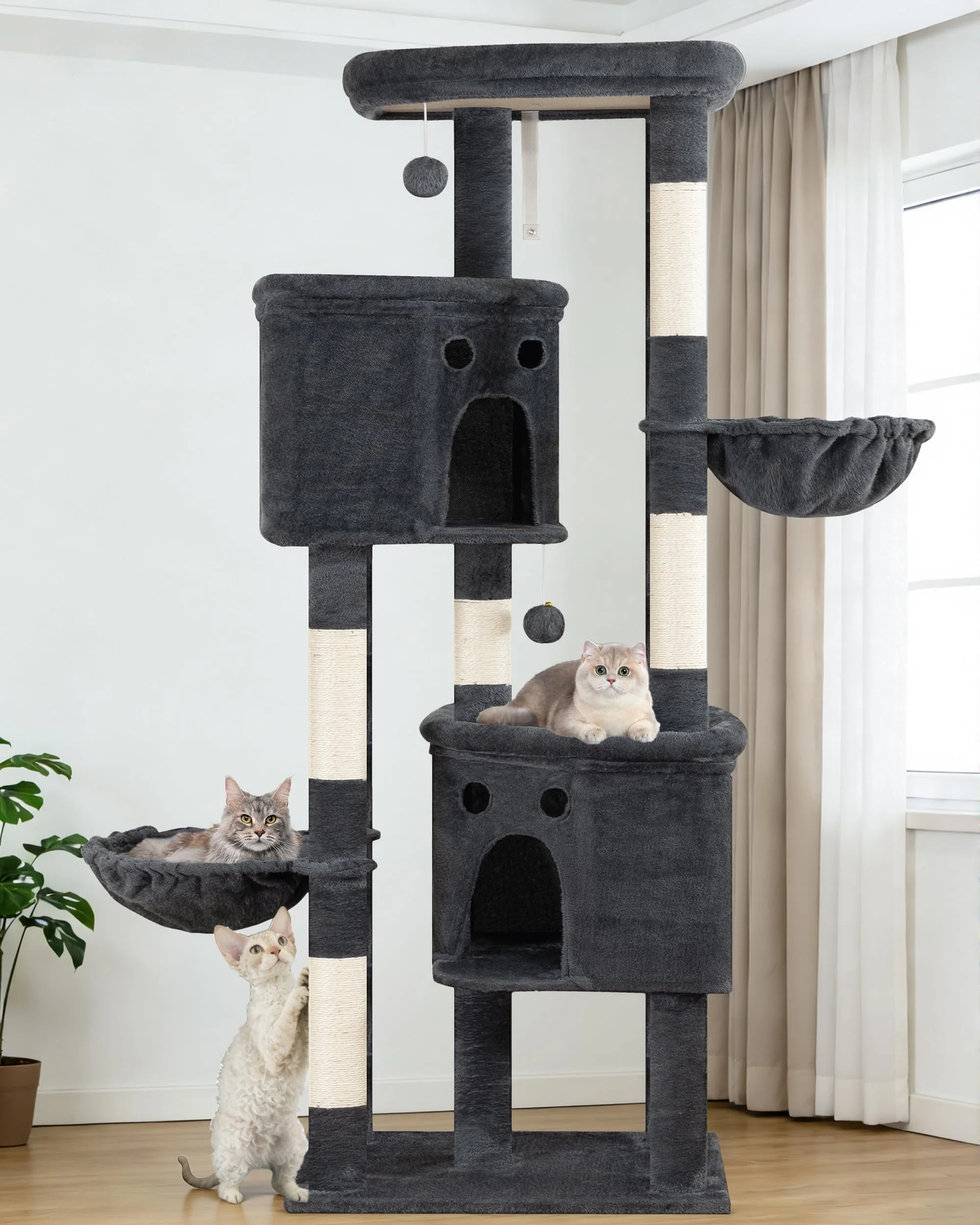 Kratzbaum Groß, Kratzbaum Grosse Katzen Stabil 213 cm hoch - Katzenbaum XXL, Mehrstöckiger Katzenbaum Grau mit 5 Kratzsäulen, 6 Plüschbälle, Plattformen, Höhlen, Hängematte