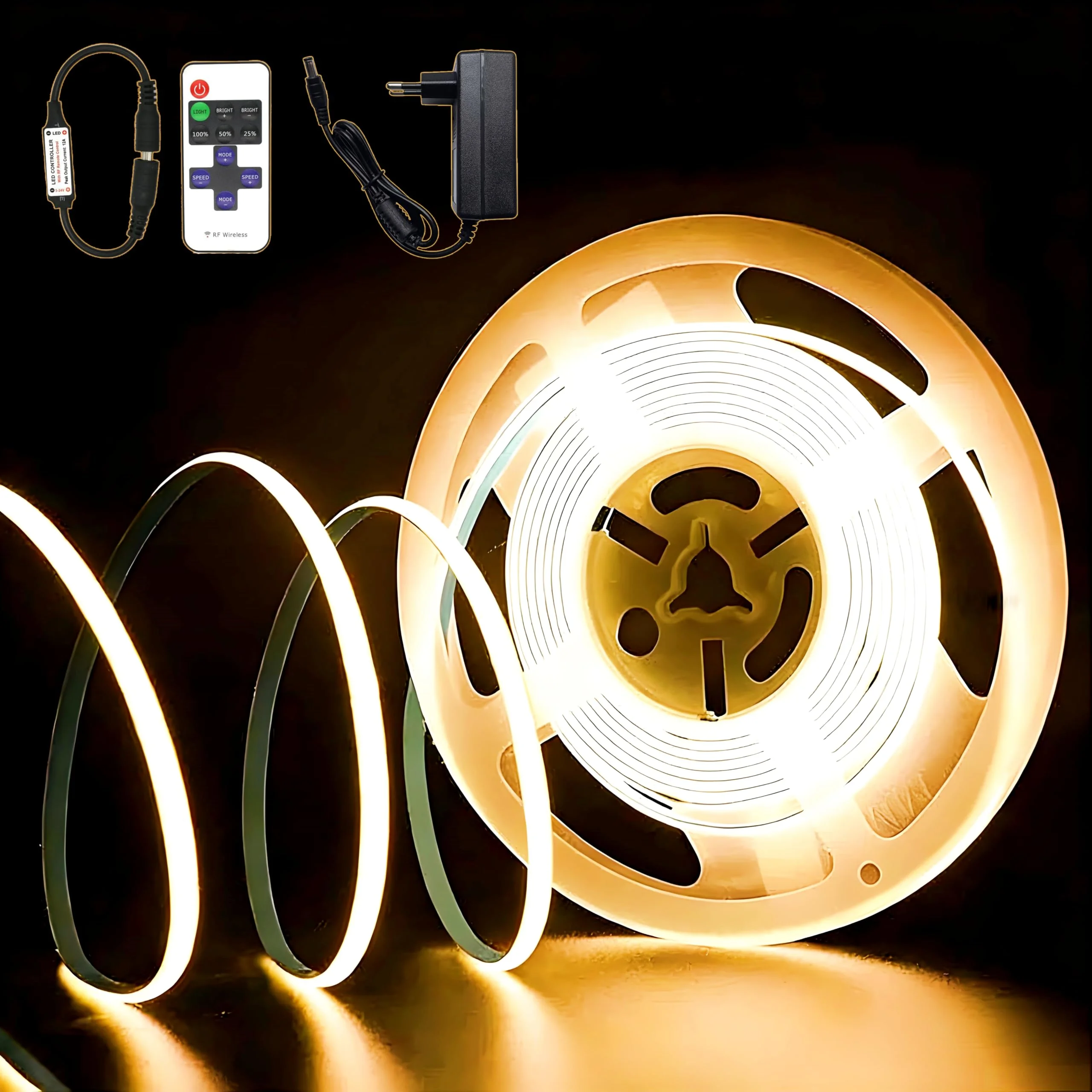 COB LED Streifen 2M, LED Streifen Warmweiß 3000K, 24V Dimmbar Flexibel LED Band licht, 8mm Breite, CRI92, mit RF Fernbedienung und Netzteil, Selbstklebend Kürzbar für Home Dekoration, Schrank, Küche