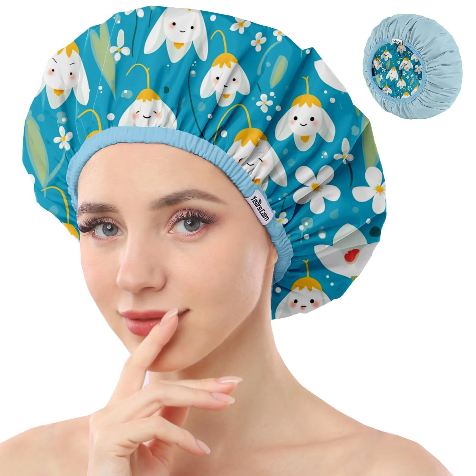 Years Calm Duschhauben für Frauen, wiederverwendbar, wasserdicht, Muster und einfarbig, zweilagiges Design für zweilagige Nutzung, schützt das Haar beim Duschen, im Spa, beim Kochen, Reinigen und auf