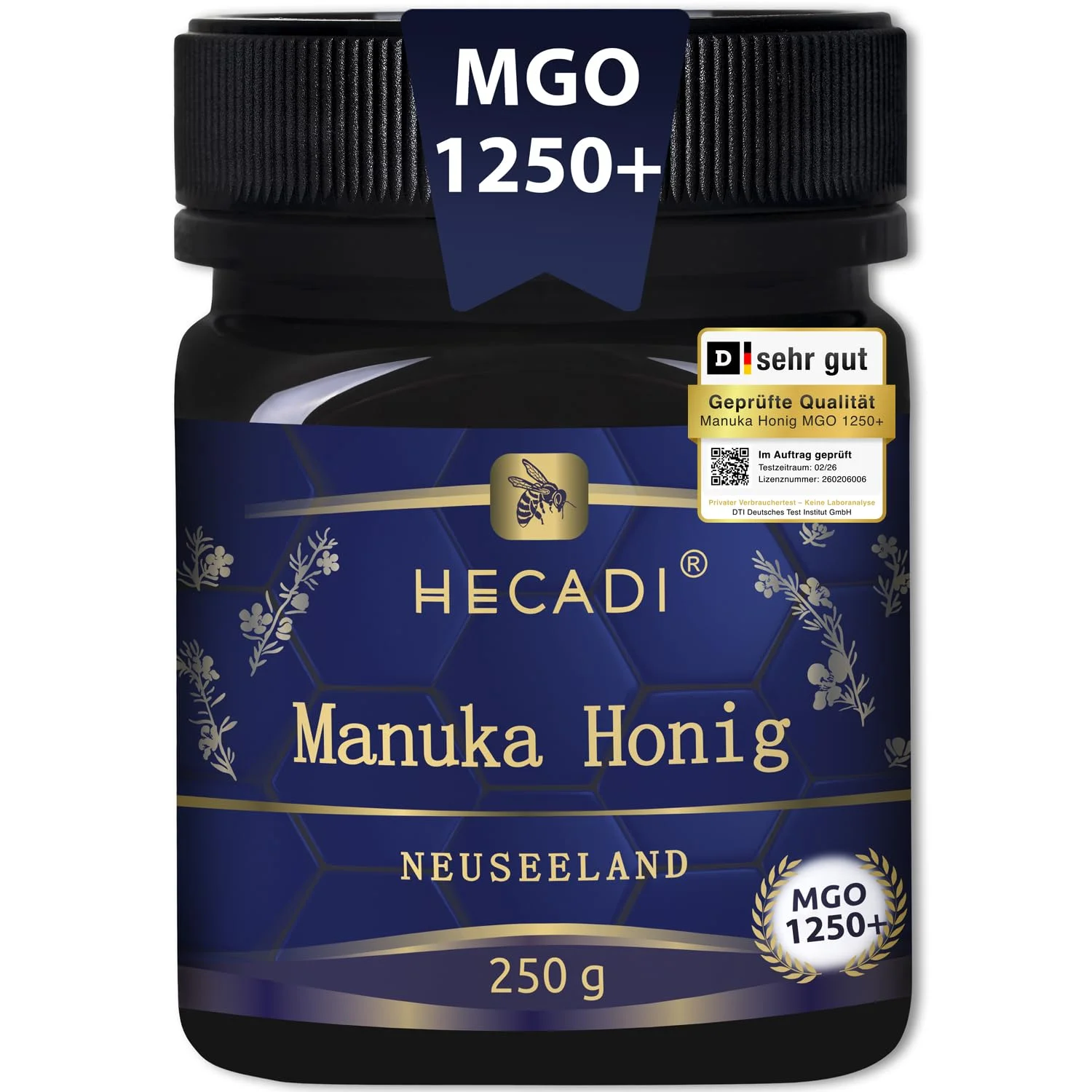 Manuka Honig MGO 1250+ Hecadi® I 100% Pur Original Honig aus Neuseeland I mit zertifiziertem I 250 g