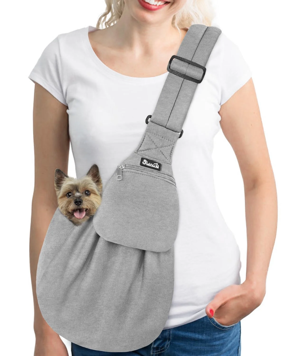 SlowTon Hundetragetasche, Haustier Hundetasche mit verstellbarem, gepolstertem Schultergurt und Fronttasche Tragetasche Hund für Spaziergang (Grau-Pullover Stoff, M(Für Haustiere2,7-5,4 kg))