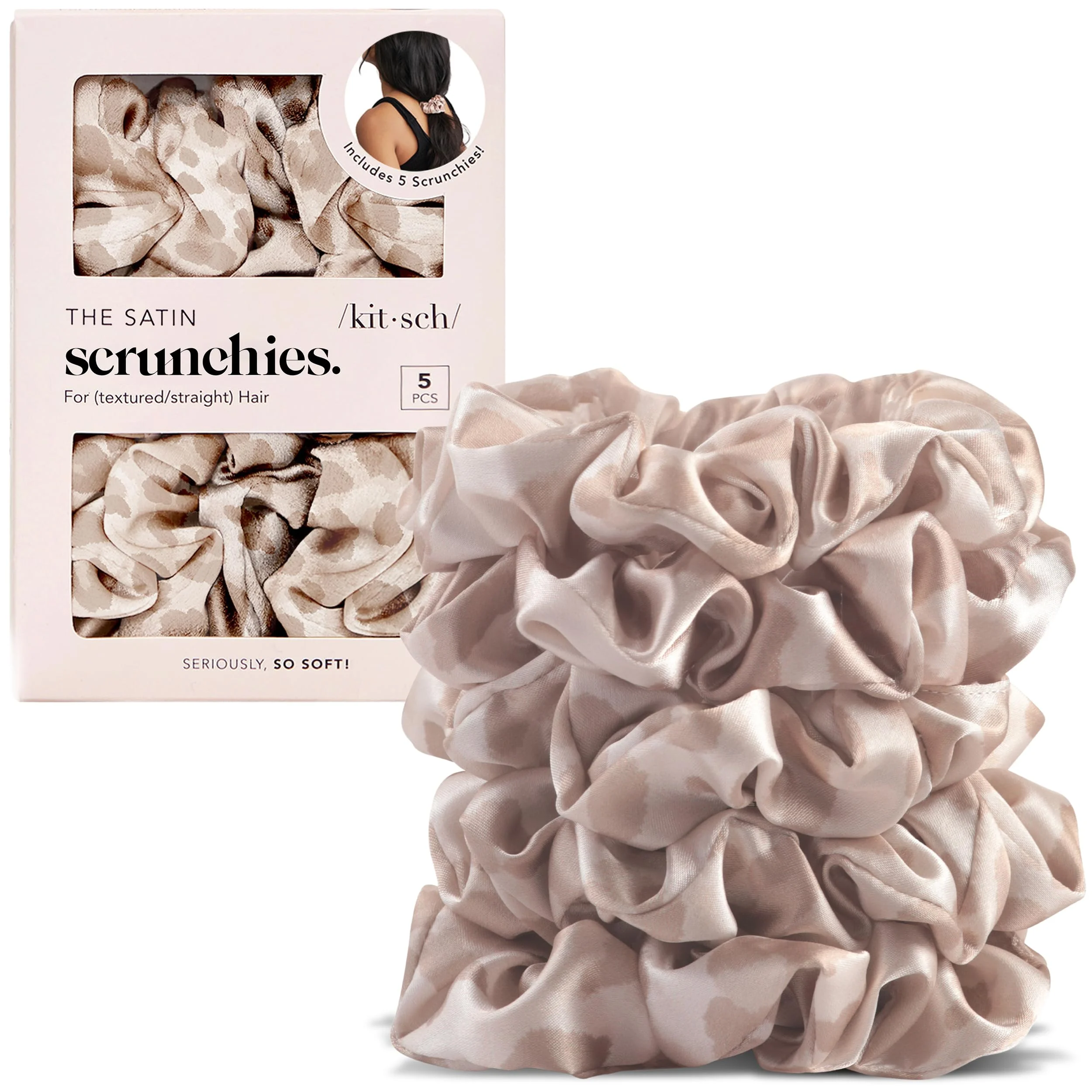 Kitsch Leopardenmuster Satin Haargummis Damen – 5 Stück - Knitterfreie Haargummis Mädchen, Haarschmuck, perfekt für Tag und Nacht | Ideale Geschenke für Frauen