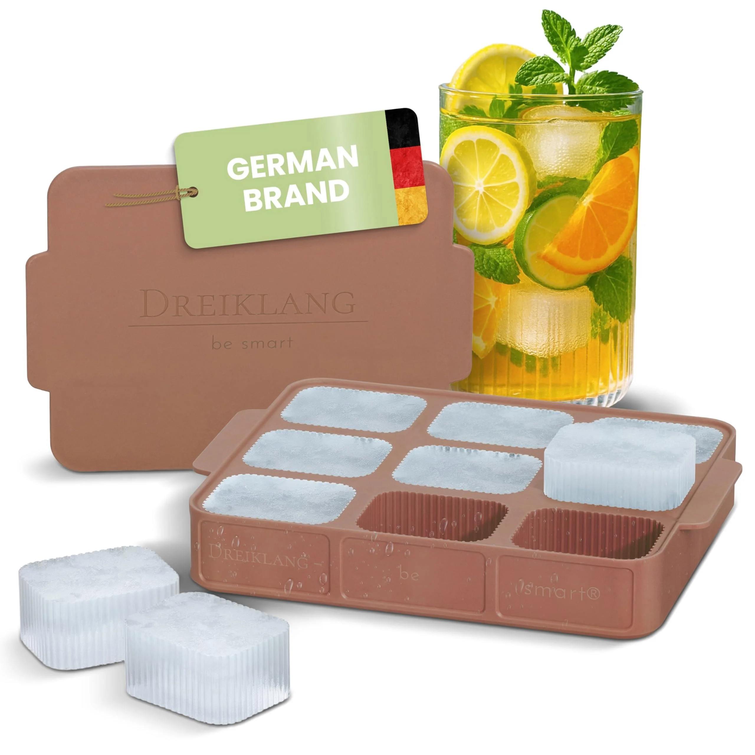 Dreiklang - be smart Eiswürfelform Silikon mit Deckel und Griff I Stapelbar und Eiswürfel groß eckig mit Rillen für leichtes Herauslösen I Geruchsfrei Geschmacksneutral Eiswürfelbehälter