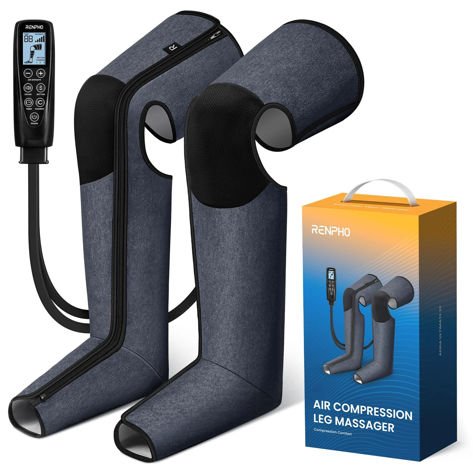 RENPHO Luftkompressions-Beinmassagegerät, 360° Vollabdeckung Beinmassage, Fuß- und Beinmassagegerät mit Doppelreißverschluss, 6 Modi, 5 Intensitätsstufen, Geschenk für Frauen & Männer