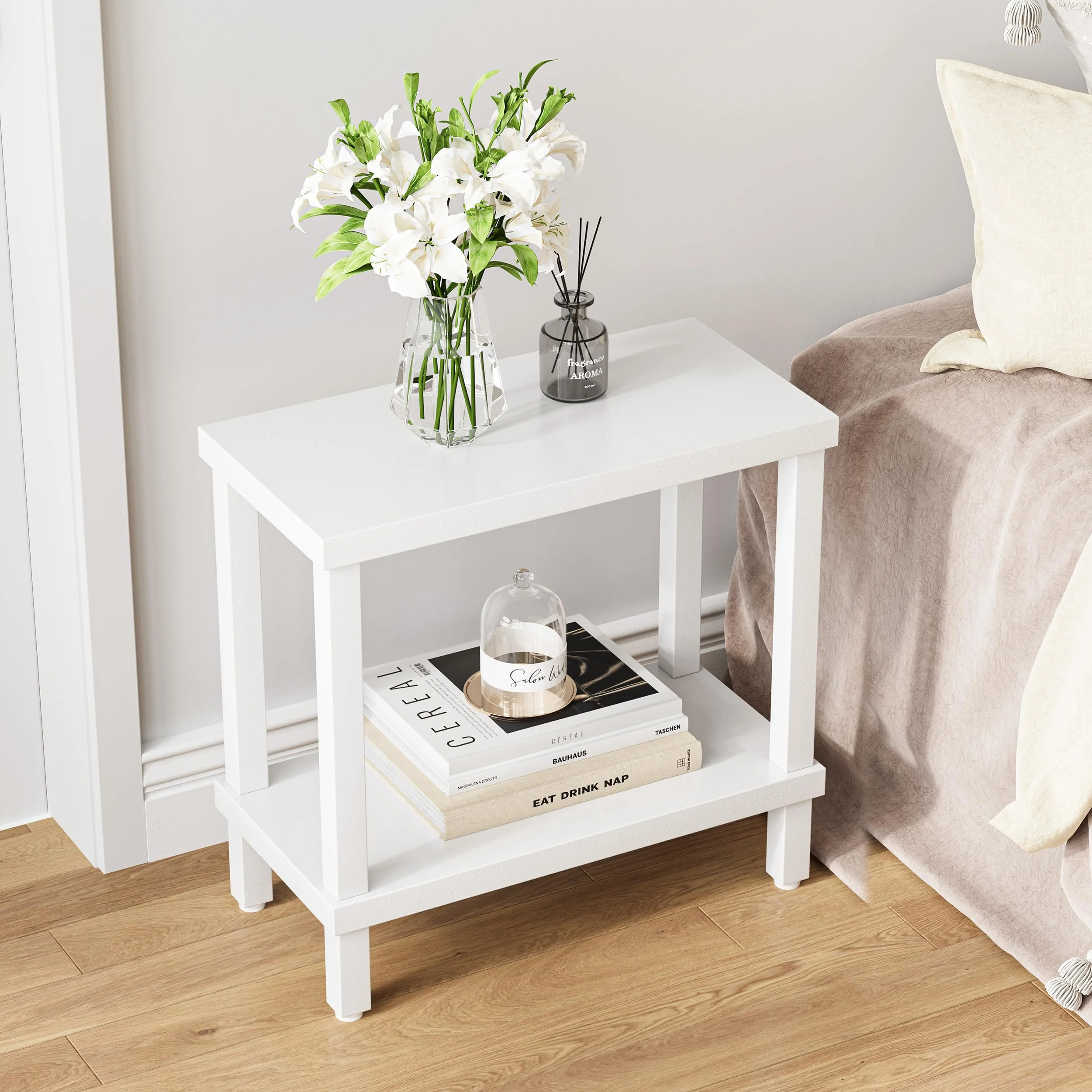 IRCPEN Beistelltisch Holz 2 Tier Couchtisch Nachttisch Schmal Beistelltische Klein mit Stauraum für Wohnzimmer Schlafzimmer Balkon Rechteckig Weiß 60×30×58cm LET511W