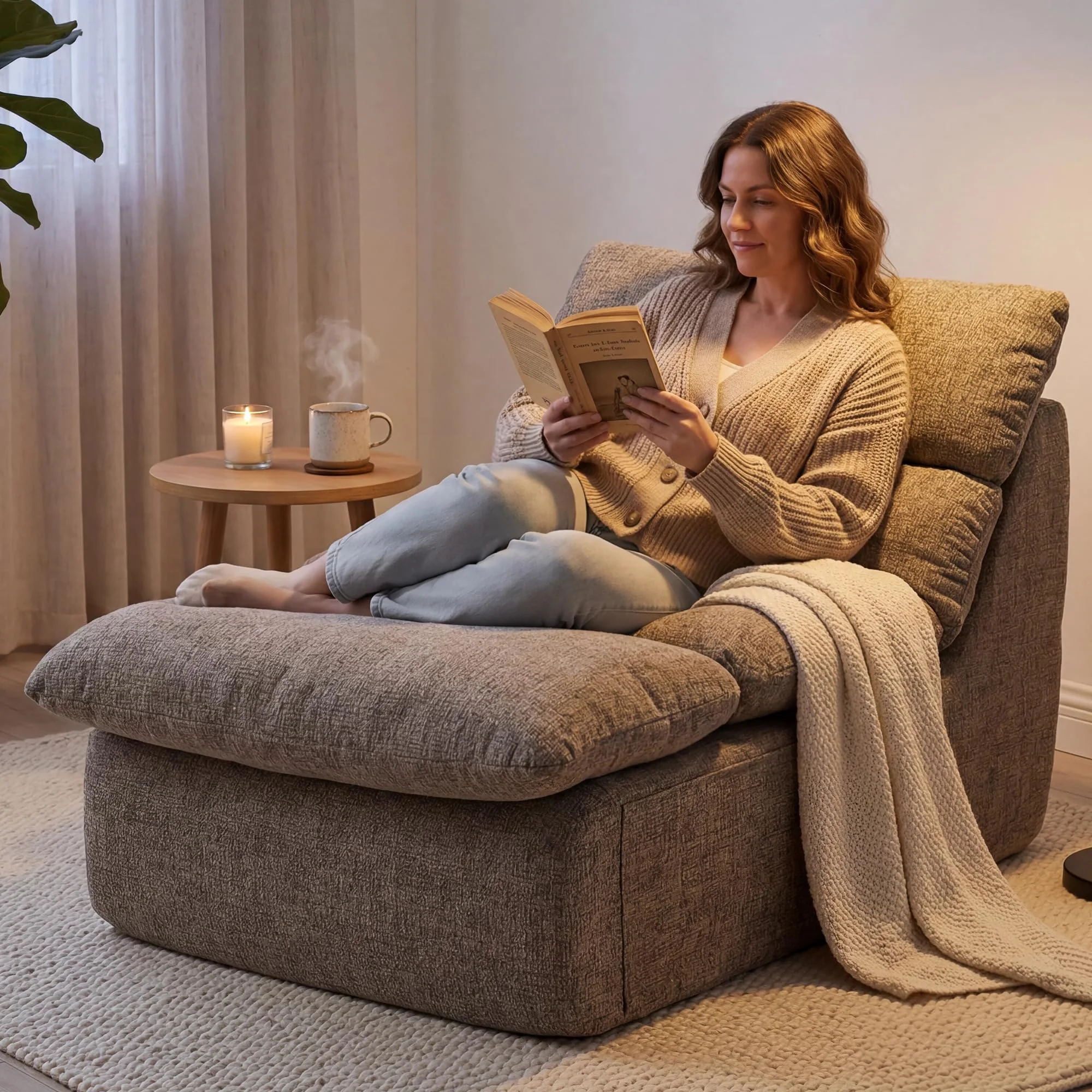 FurniSoar XXL Sitzsack Taupe Chenille, Hochdichter Kompressionsschaum, Formstabil, Samtig Weich & Kuschelig, Abnehmbarer Waschbarer Chenille-Stoff, Relaxsessel für Wohnzimmer