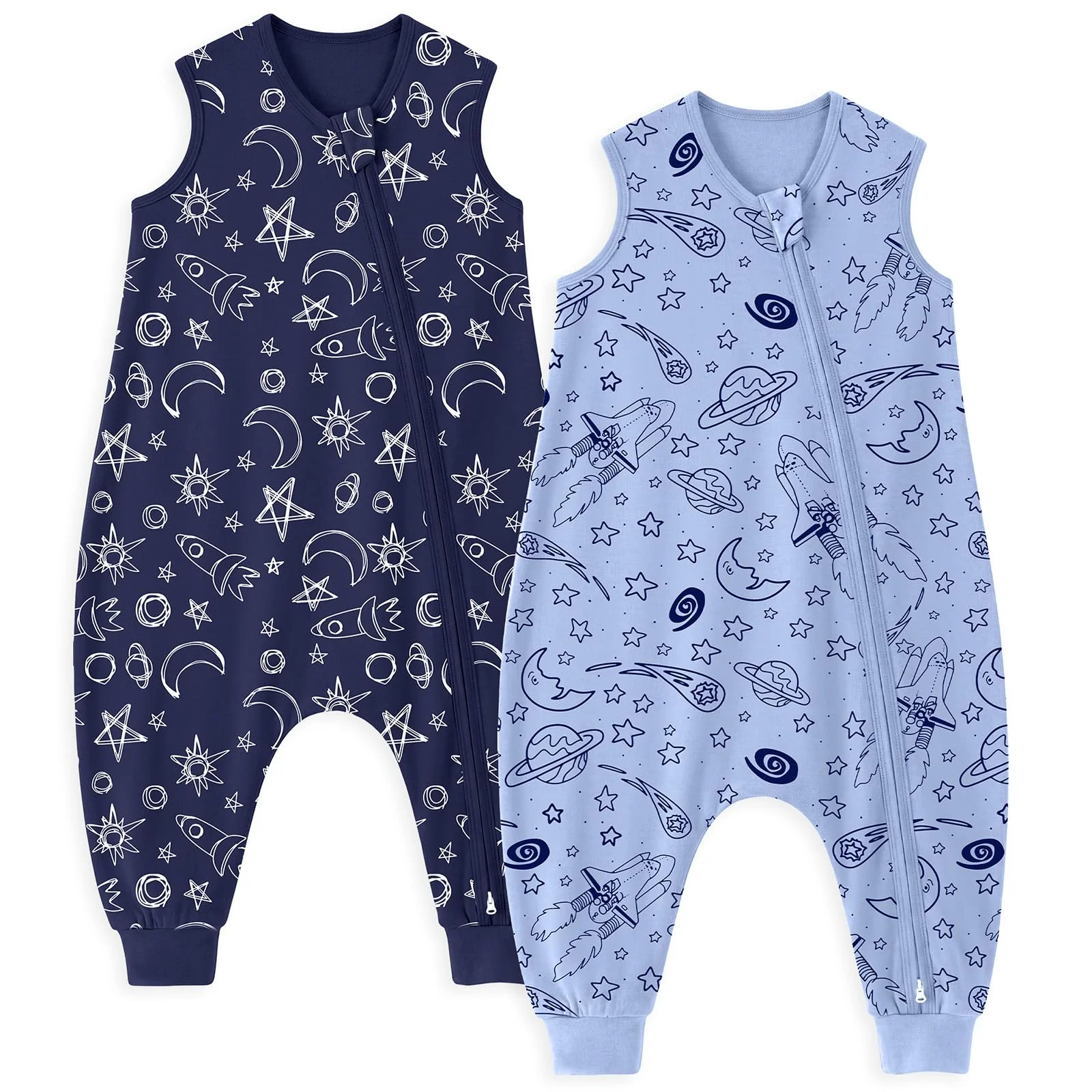 Unnivoll Baby Schlafsack mit Füßen 0,5 Tog Schlafsack Baby Sommer 2er Pack Baumwolle Schlafsack mit Beinen Babyschlafsack Weich 100 cm für Jungen Mädchen Blauer Raum