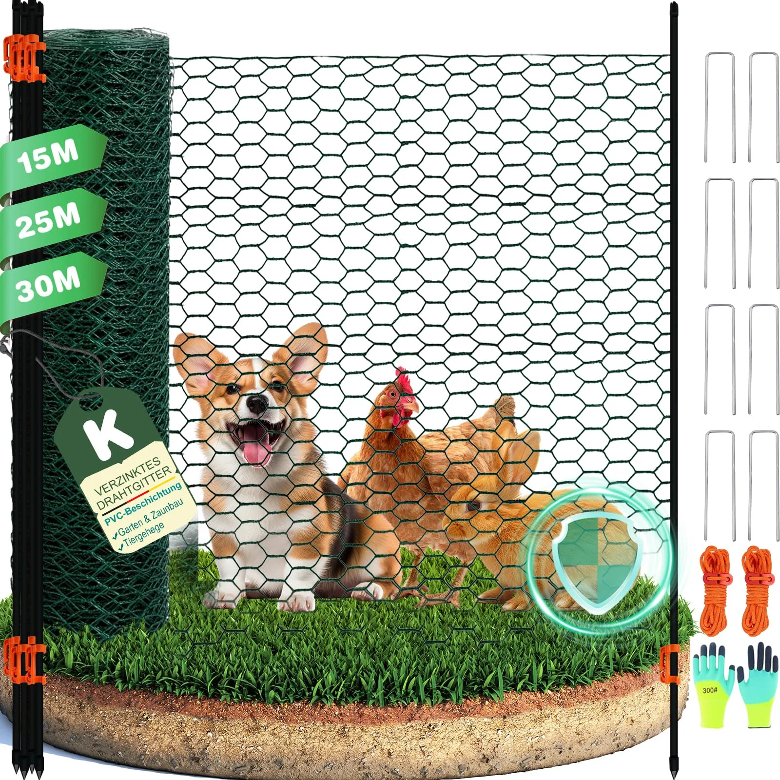 Begrenzungszaun/Maschendrahtzaun mobiler Hühnerzaun & Hundezaun, 120 cm, Kunststoff beschichtet, Geflügelzaun Set, 15 m / 25 m / 30 m, Steckzaun mit Fiberglaspfosten für Garten & Tiergehege