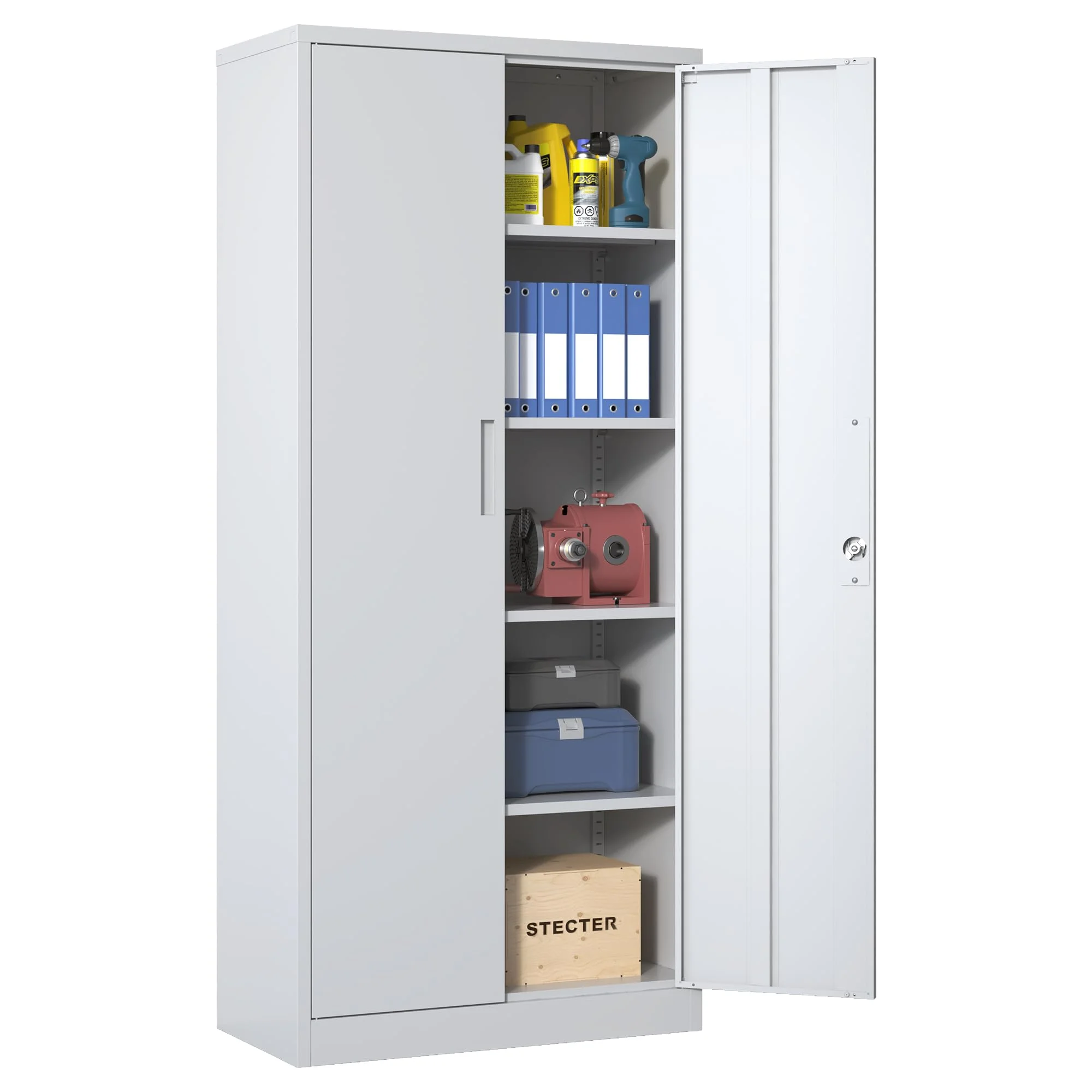 IKIMI Metallschrank mit 2 Türen und 4 Verstellbare Einlegeböden,180x80x40cm Mehrzweckschrank mit Schloss,5 Ebenen Aktenschrank,Stahl-Aufbewahrungsschran Weiß Werkzeugschrank für Garage Büro,Wohnzimmer
