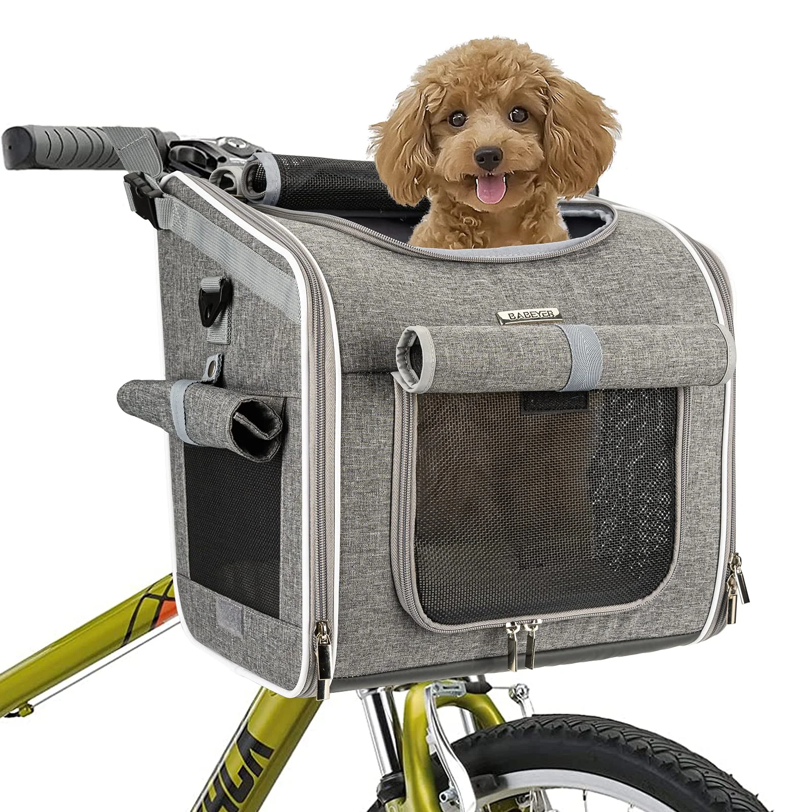 BABEYER Hundefahrradkorb, erweiterbarer, weicher Fahrradtransportrucksack mit 4 offenen Türen, 4 Mesh-Fenster für kleine Hundekatzenwelpen - grau